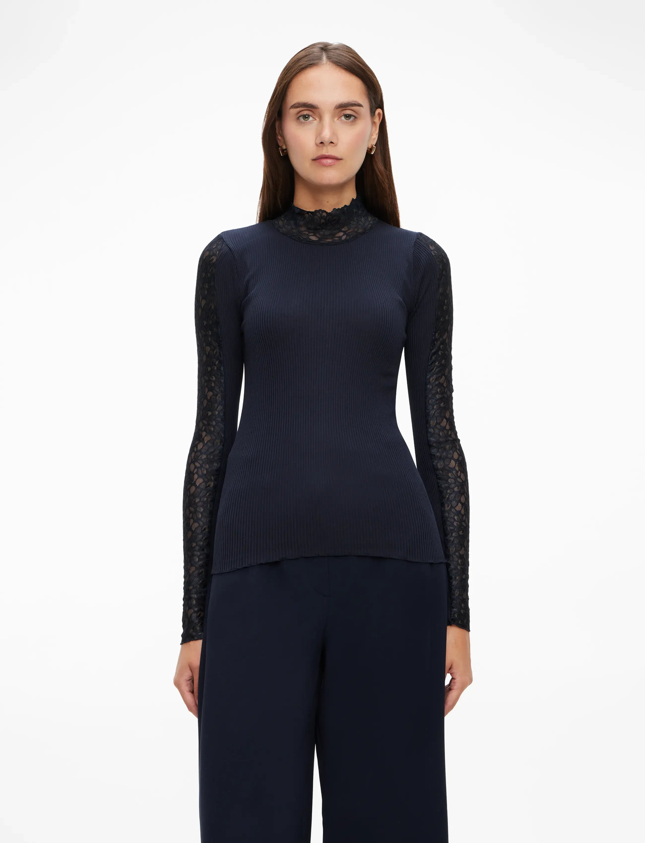 Rosemunde - RWBeatha Silk LS Lace T-shirt - långärmade toppar - navy - 0