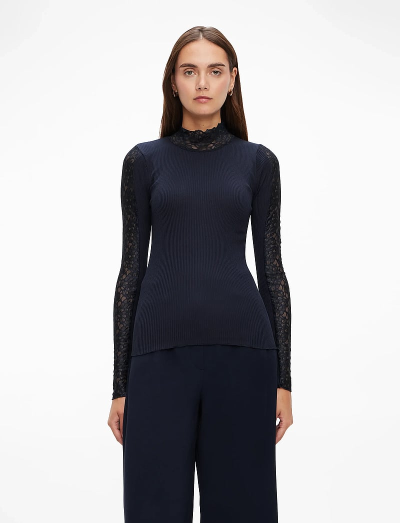 Rosemunde - RWBeatha Silk LS Lace T-shirt - t-shirts met lange mouwen - navy - 0