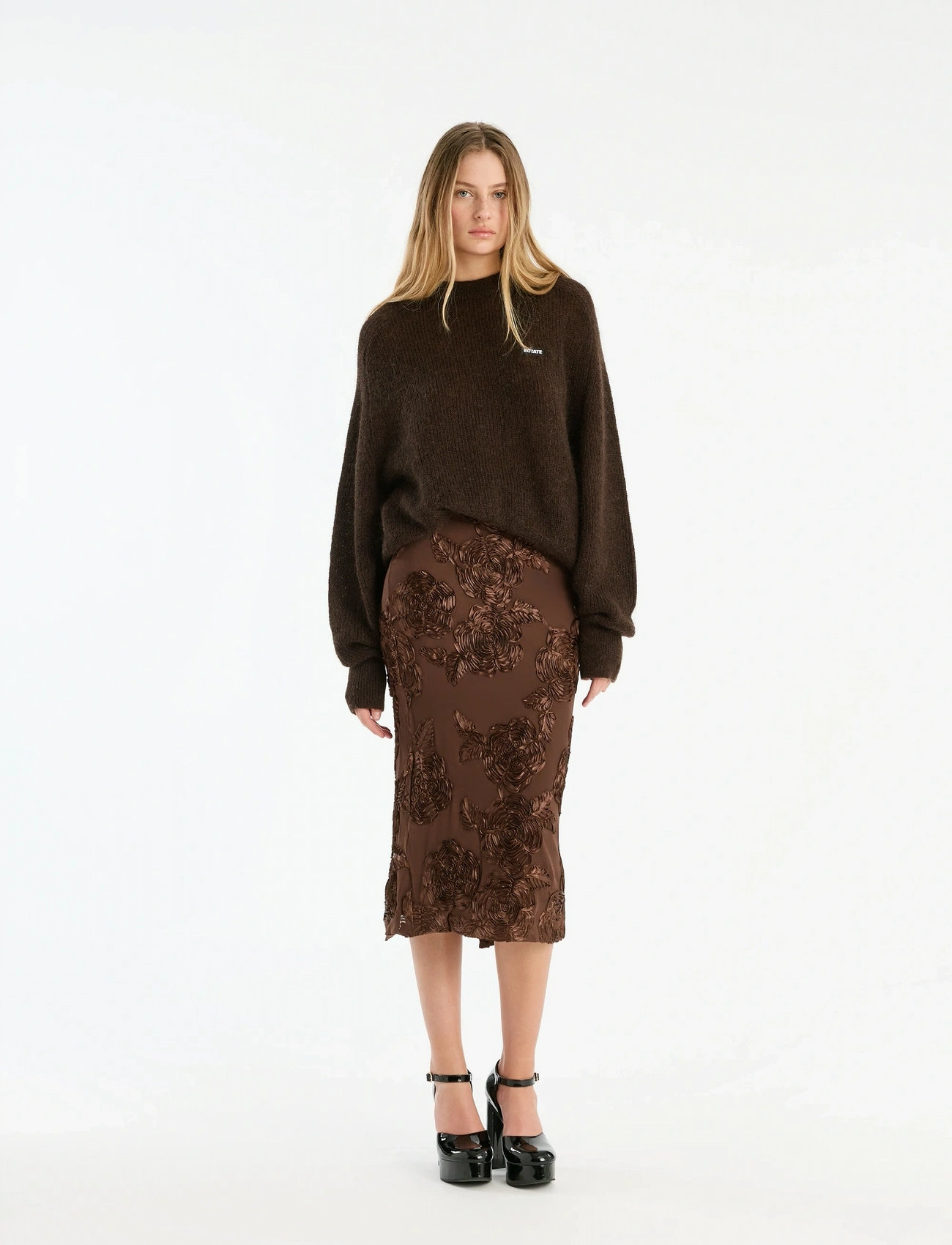 ROTATE Flower Mesh Pencil Skirt - Brown - 34