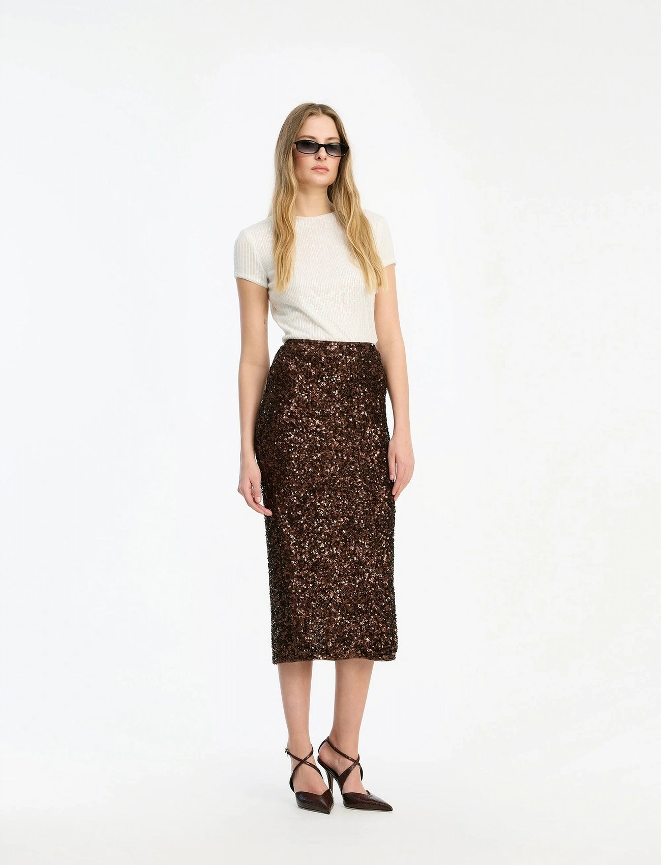 ROTATE Sequin Pencil Skirt - Brown - 34
