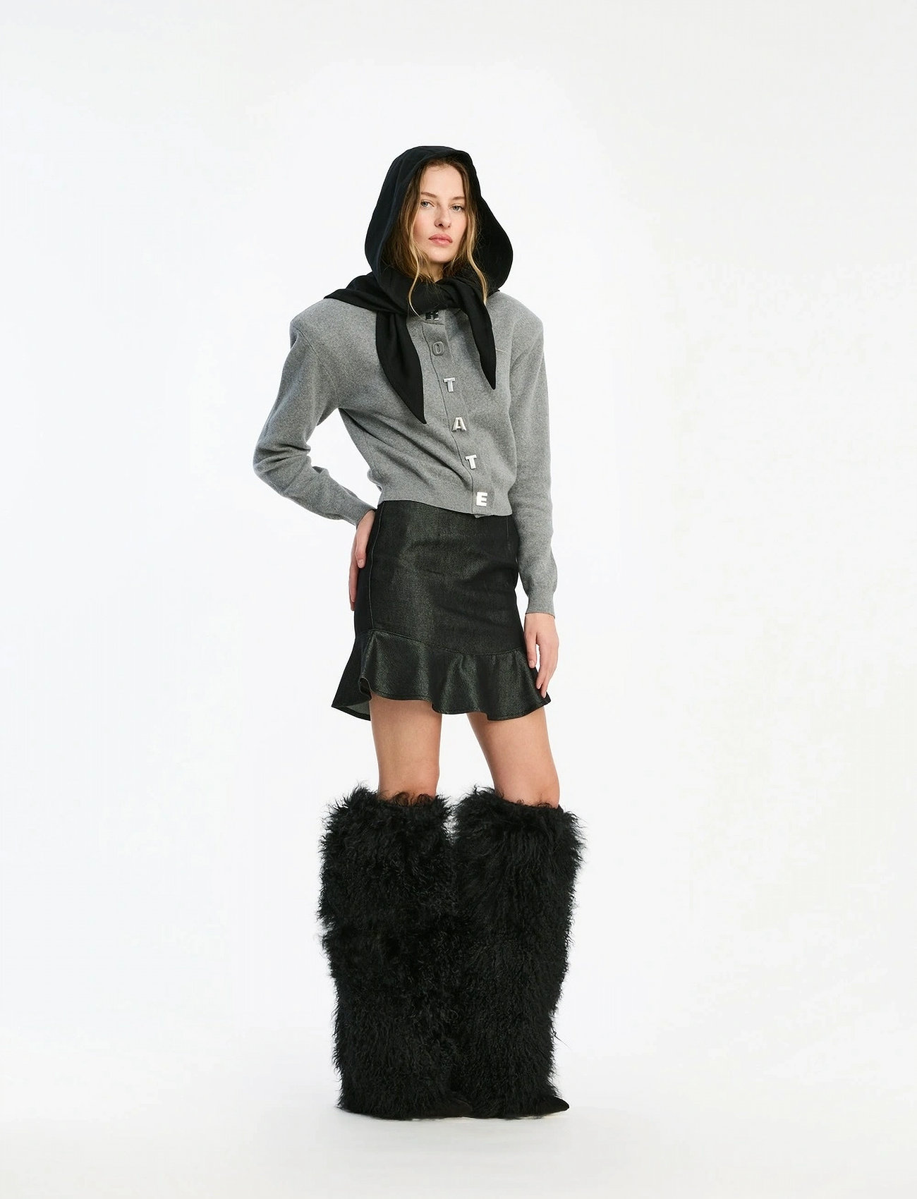 ROTATE Denim Mini Ruffle Skirt - Black - 36