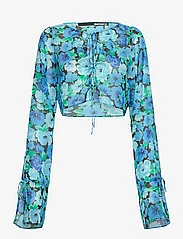 ROTATE Birger Christensen - Chiffon Cropped Blouse - long-sleeved blouses - ibiza blue comb. - 0