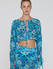 ROTATE Birger Christensen - Chiffon Cropped Blouse - long-sleeved blouses - ibiza blue comb. - 3