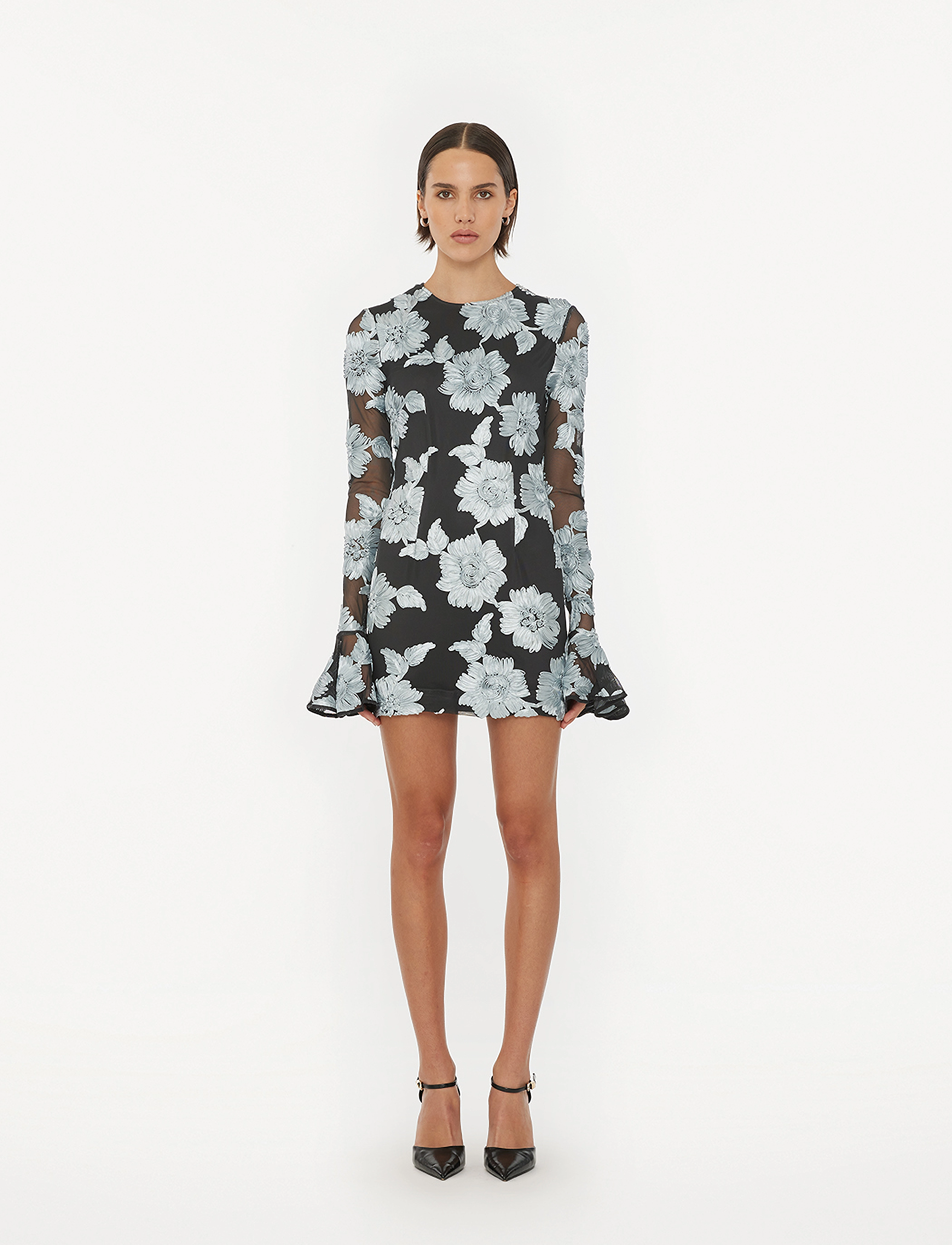 ROTATE FLOWER MESH LS MINI DRESS - Festkjoler - GRAY PINSTRIPE COMB. / black