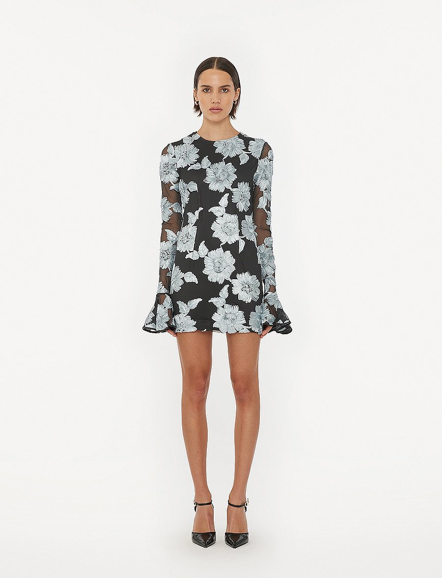 ROTATE - FLOWER MESH LS MINI DRESS - gray pinstripe comb. - 0
