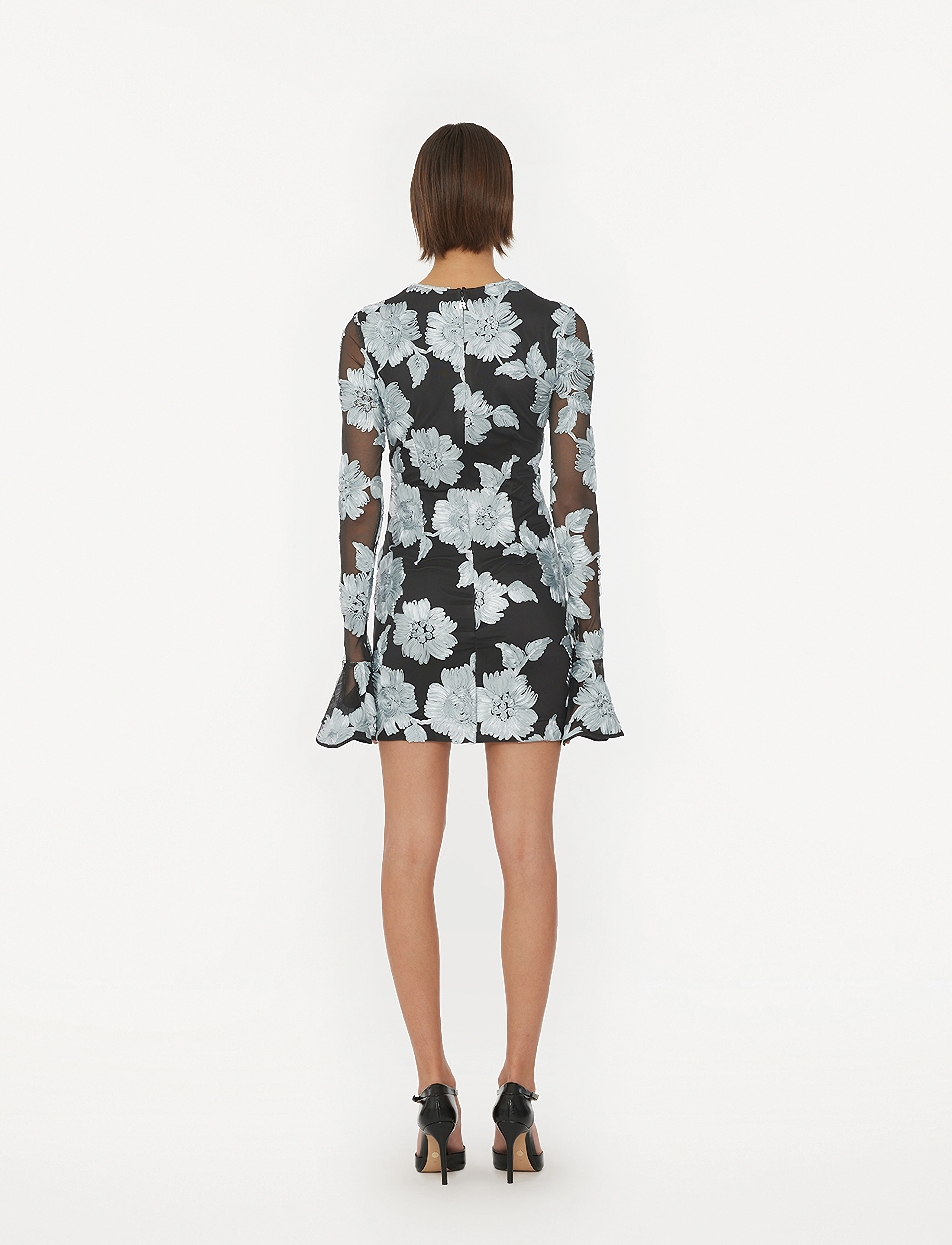 ROTATE - FLOWER MESH LS MINI DRESS - gray pinstripe comb. - 3
