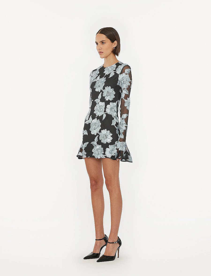 ROTATE - FLOWER MESH LS MINI DRESS - gray pinstripe comb. - 4