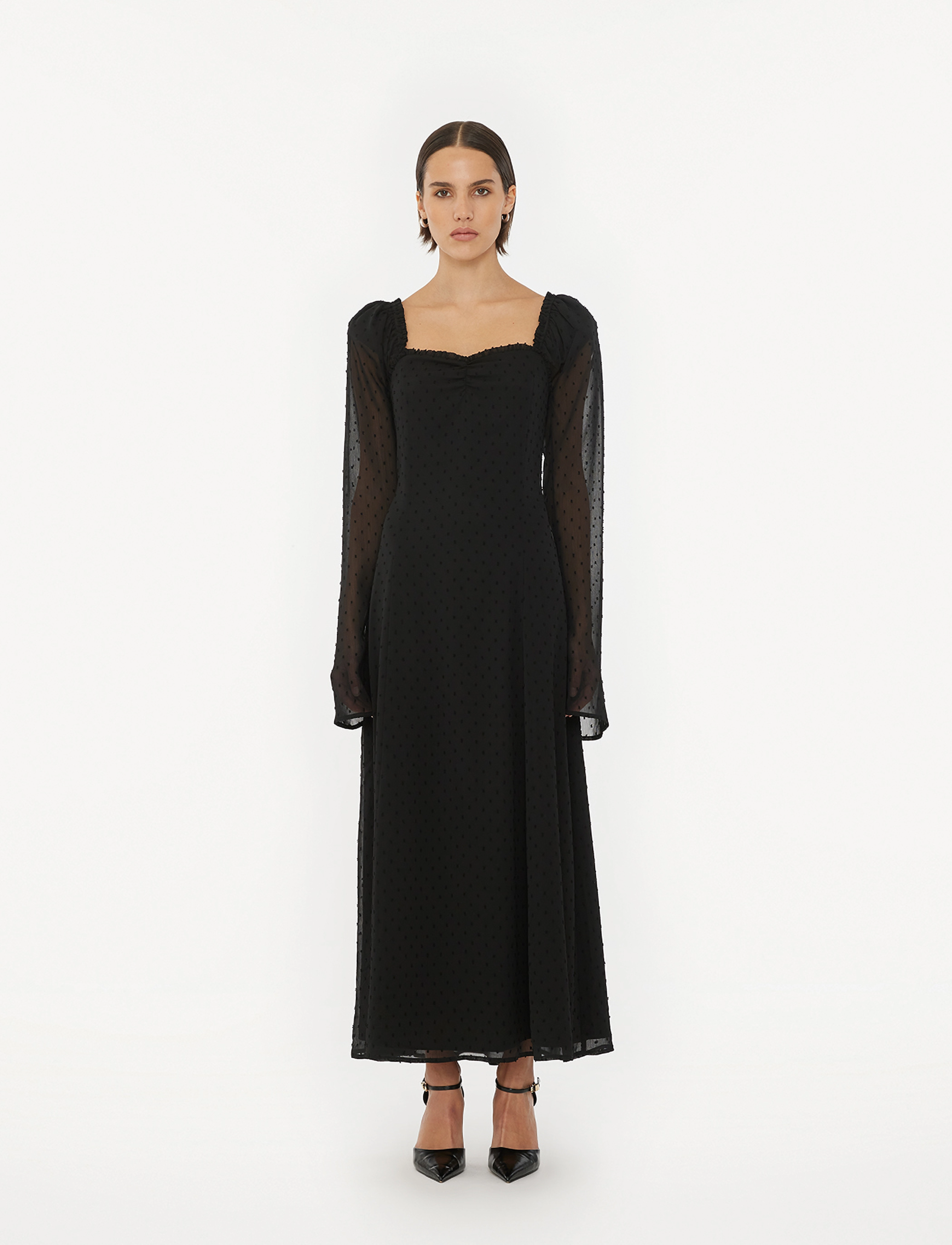 ROTATE FRILLED LS MIDI DRESS - Tøj - BLACK / black