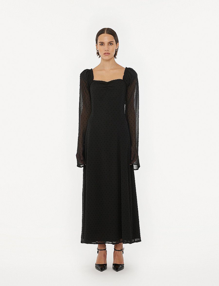 ROTATE - FRILLED LS MIDI DRESS - maxi dresses - black - 0