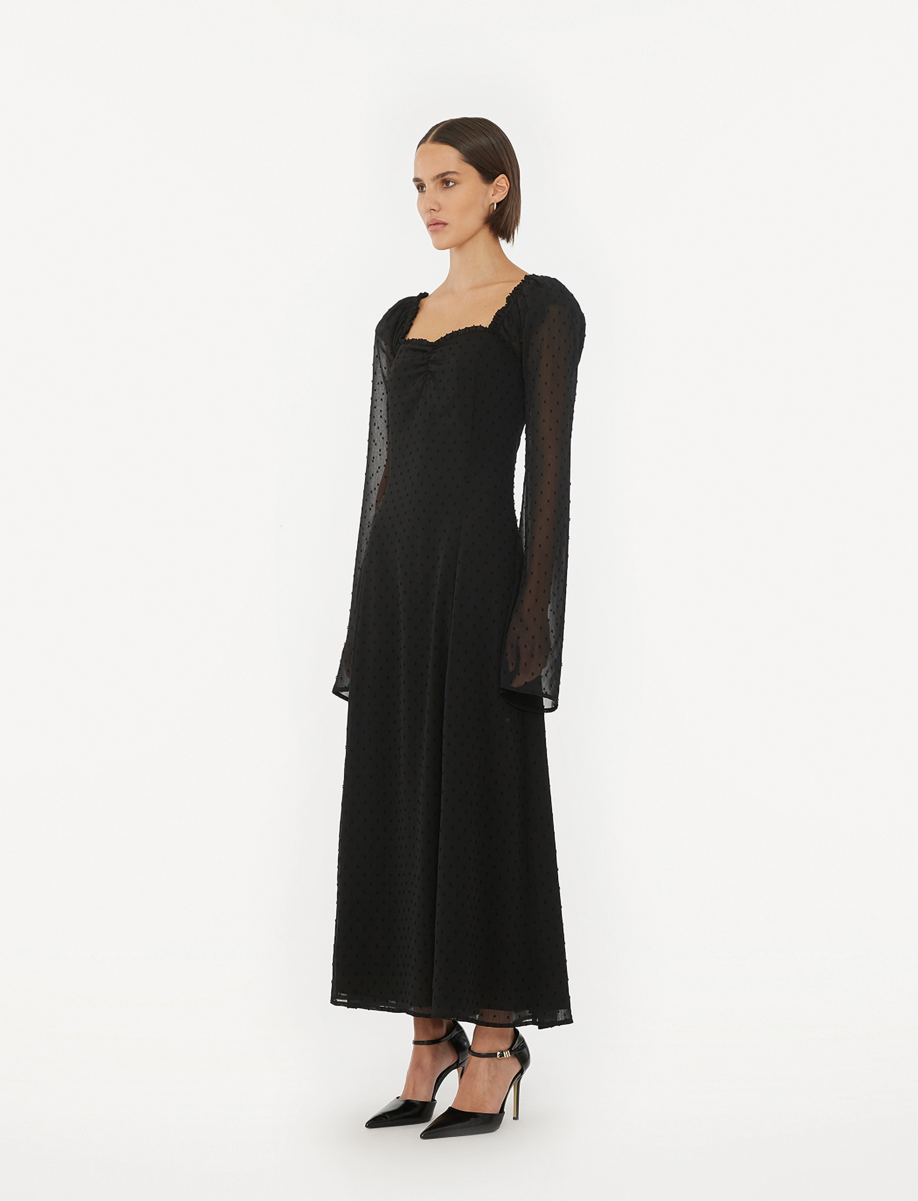 ROTATE - FRILLED LS MIDI DRESS - maxi dresses - black - 4