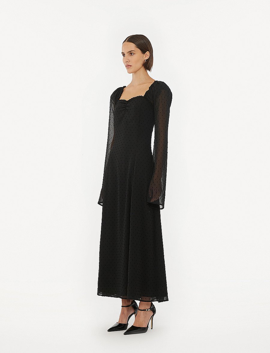 ROTATE - FRILLED LS MIDI DRESS - maxi dresses - black - 4