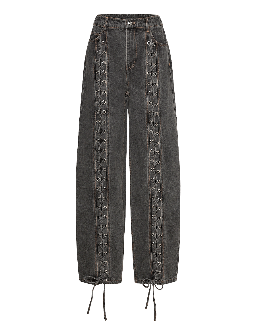 ROTATE - DENIM LACED LEG PANTS - hosen mit weitem bein - black - 0