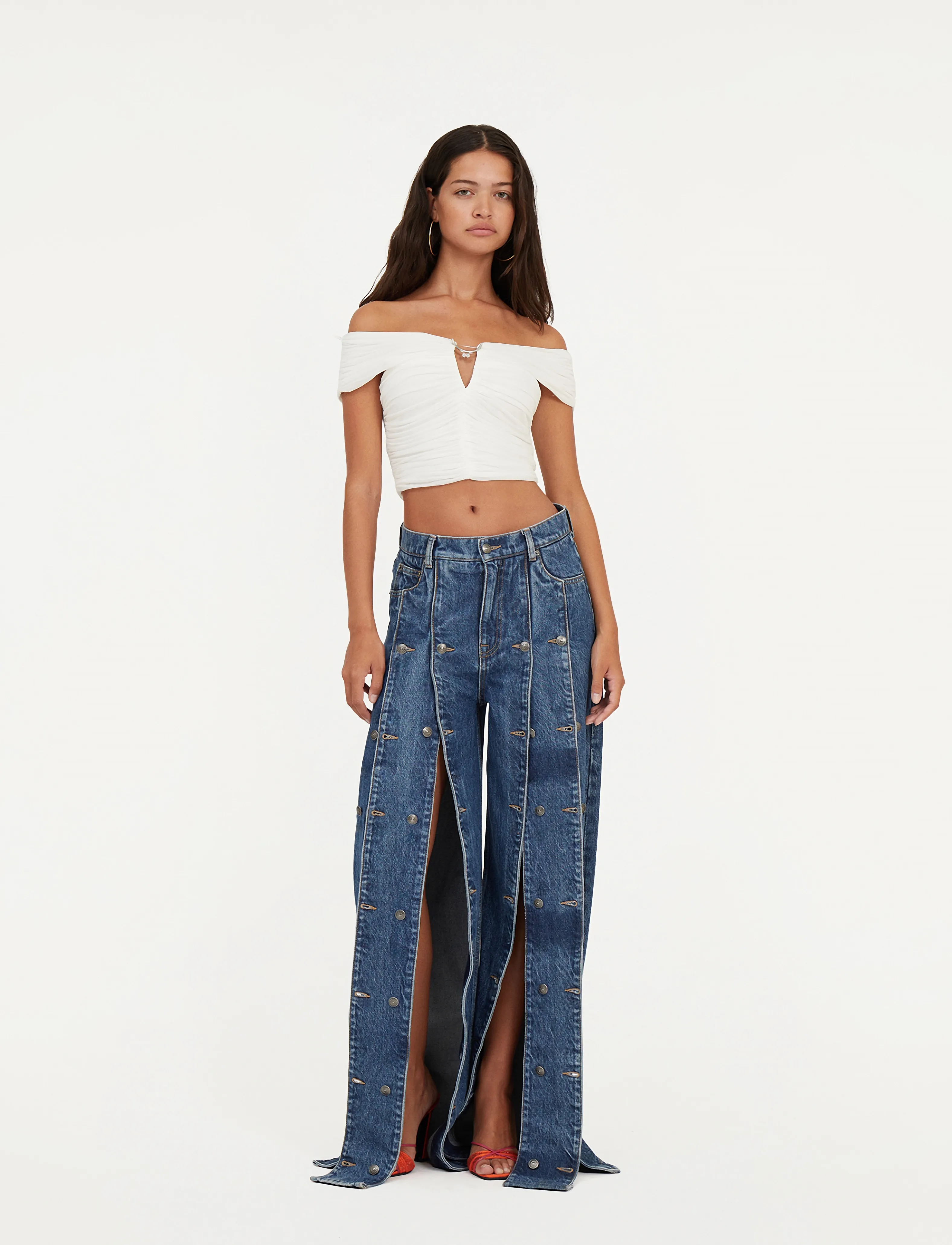 ROTATE BUTTON DETAIL WIDE JEANS - Tøj - MEDIUM BLUE DENIM / blue