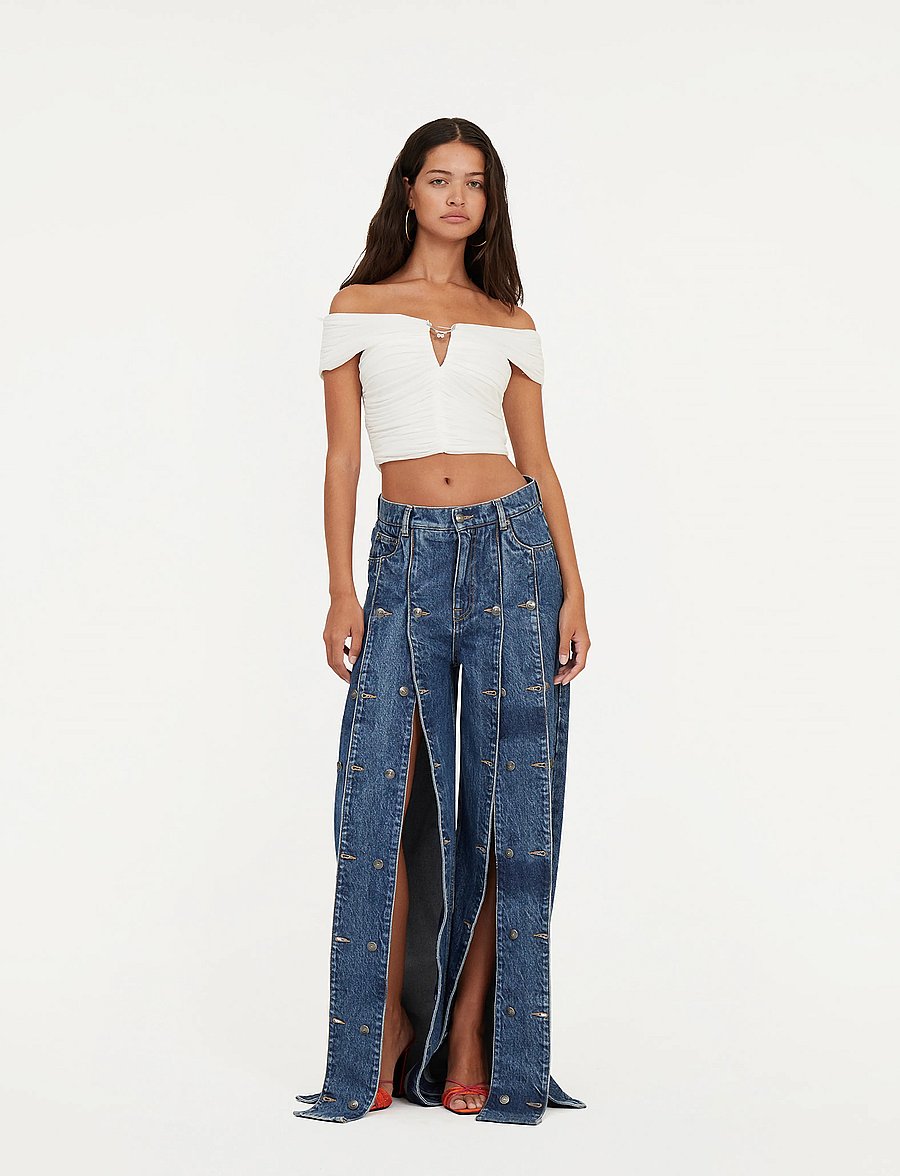 ROTATE - BUTTON DETAIL WIDE JEANS - víðar gallabuxur - medium blue denim - 0