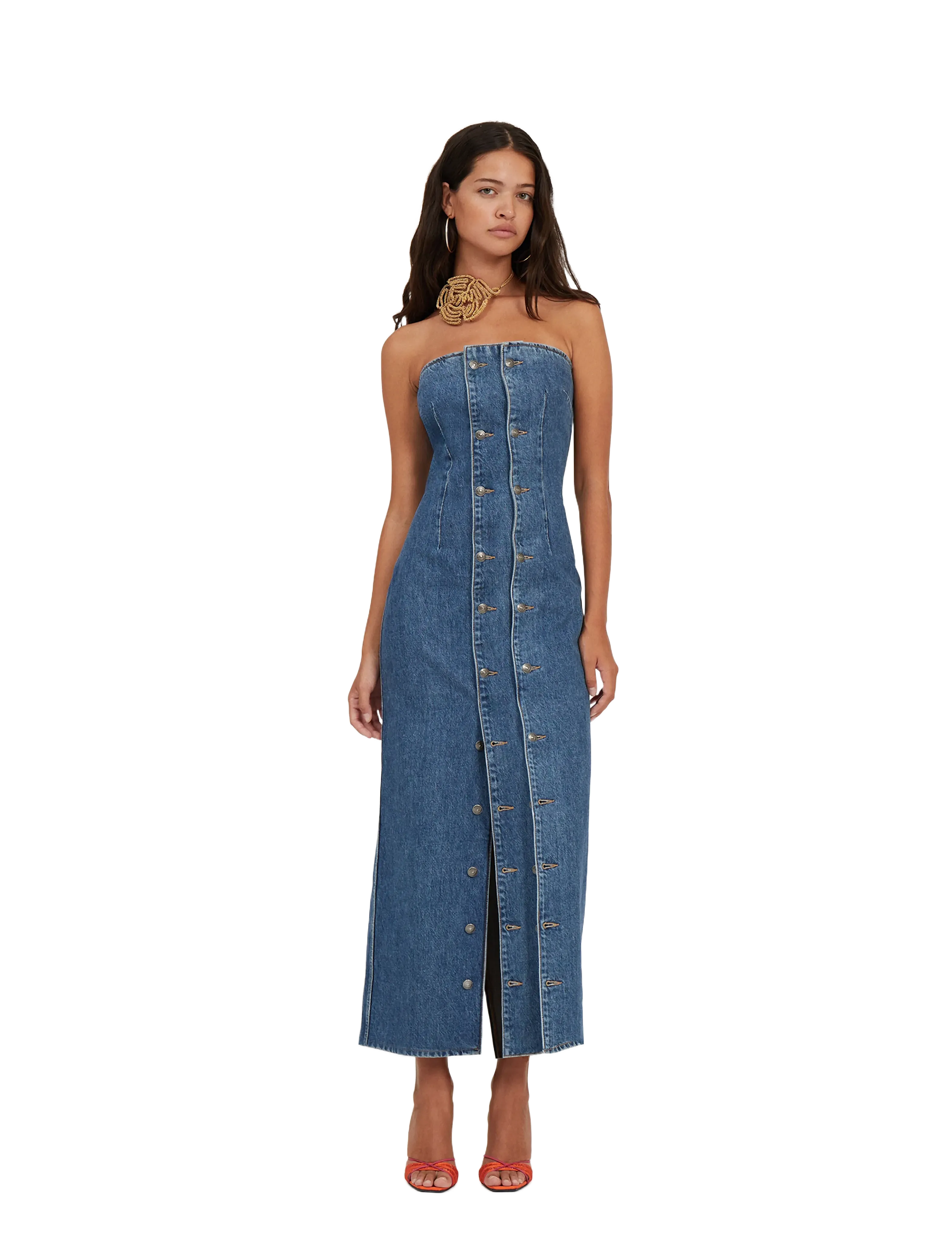 ROTATE DENIM BUTTON DETAIL DRESS - Etuikleider - MEDIUM BLUE DENIM / blue