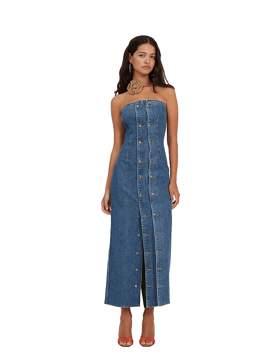 ROTATE - DENIM BUTTON DETAIL DRESS - stramme kjoler - medium blue denim - 0