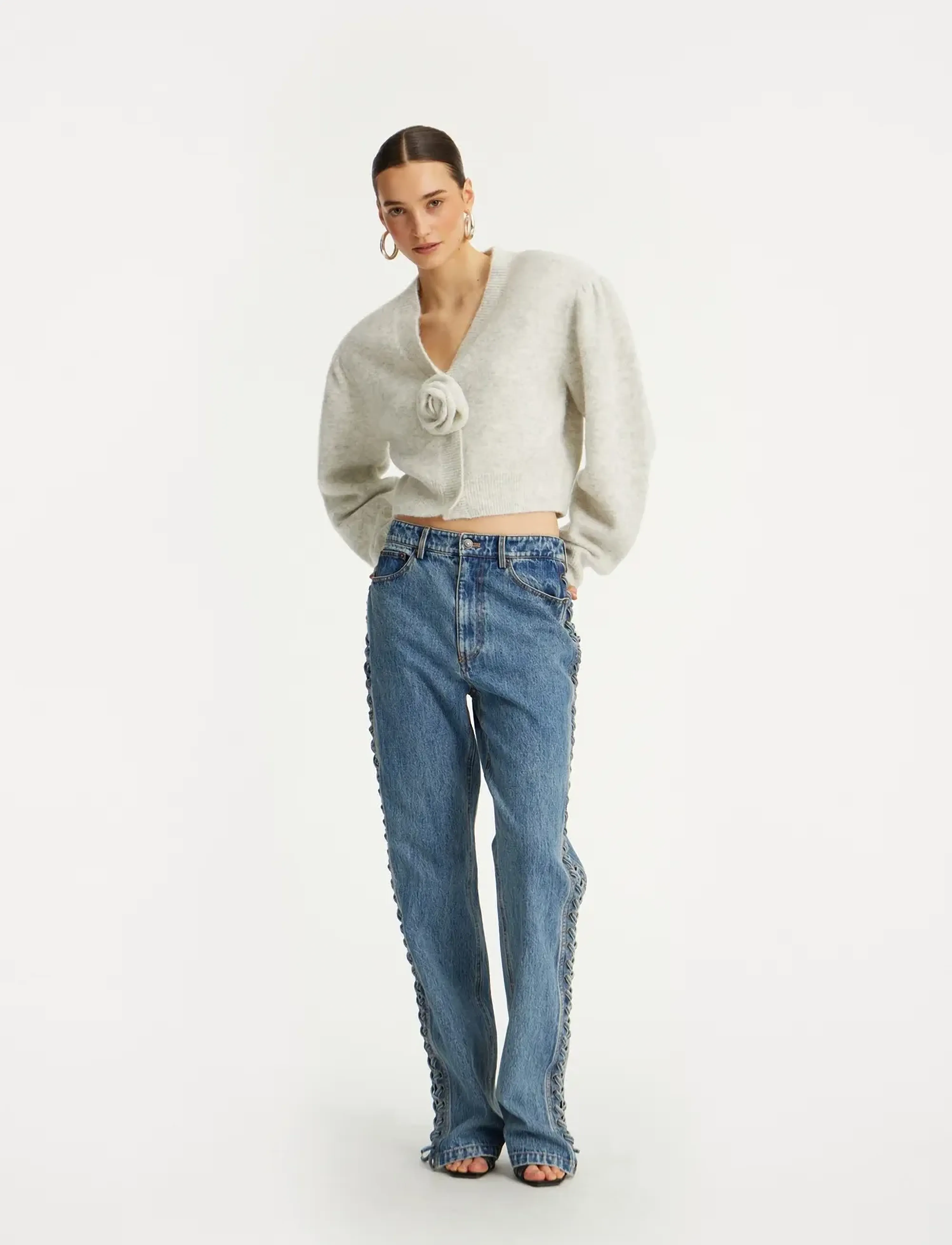 ROTATE Knit Puffsleeve Cardigan, XL, White, Strik > Cardigans, Dame