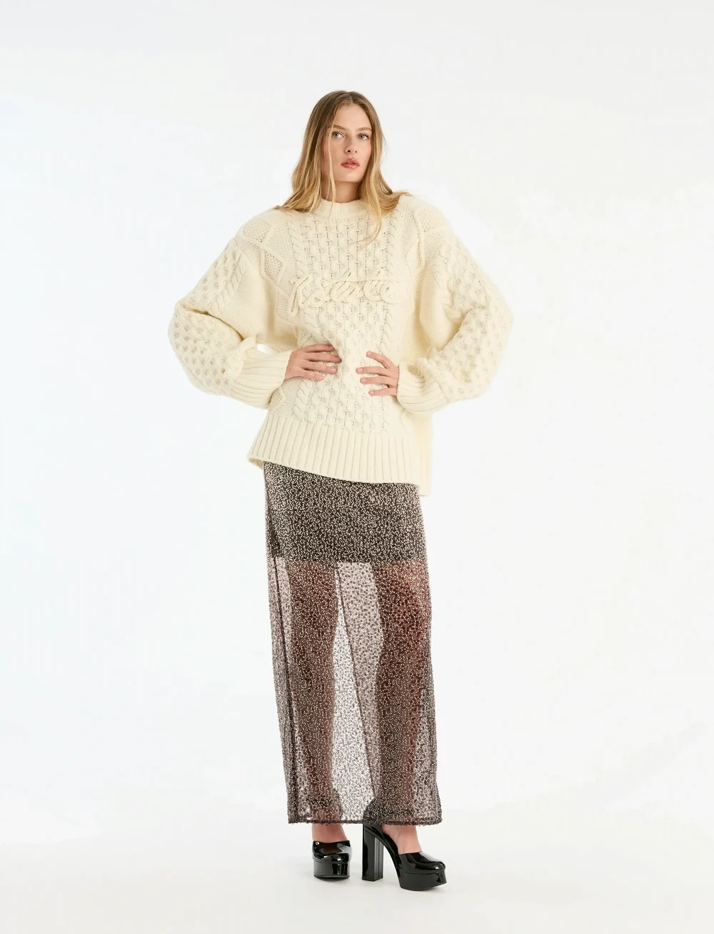 ROTATE Birger Christensen - KNIT CABLE CREWNECK - pullover - egret - 0