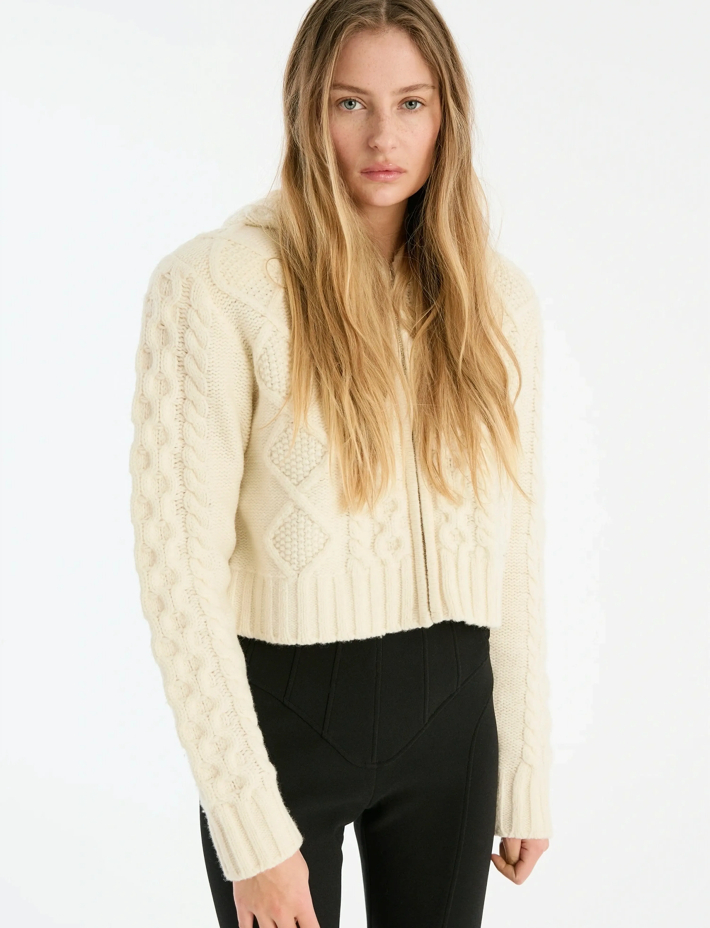 ROTATE Knit Cable Zip Cardigan, S, Cream, Strik > Cardigans, Dame