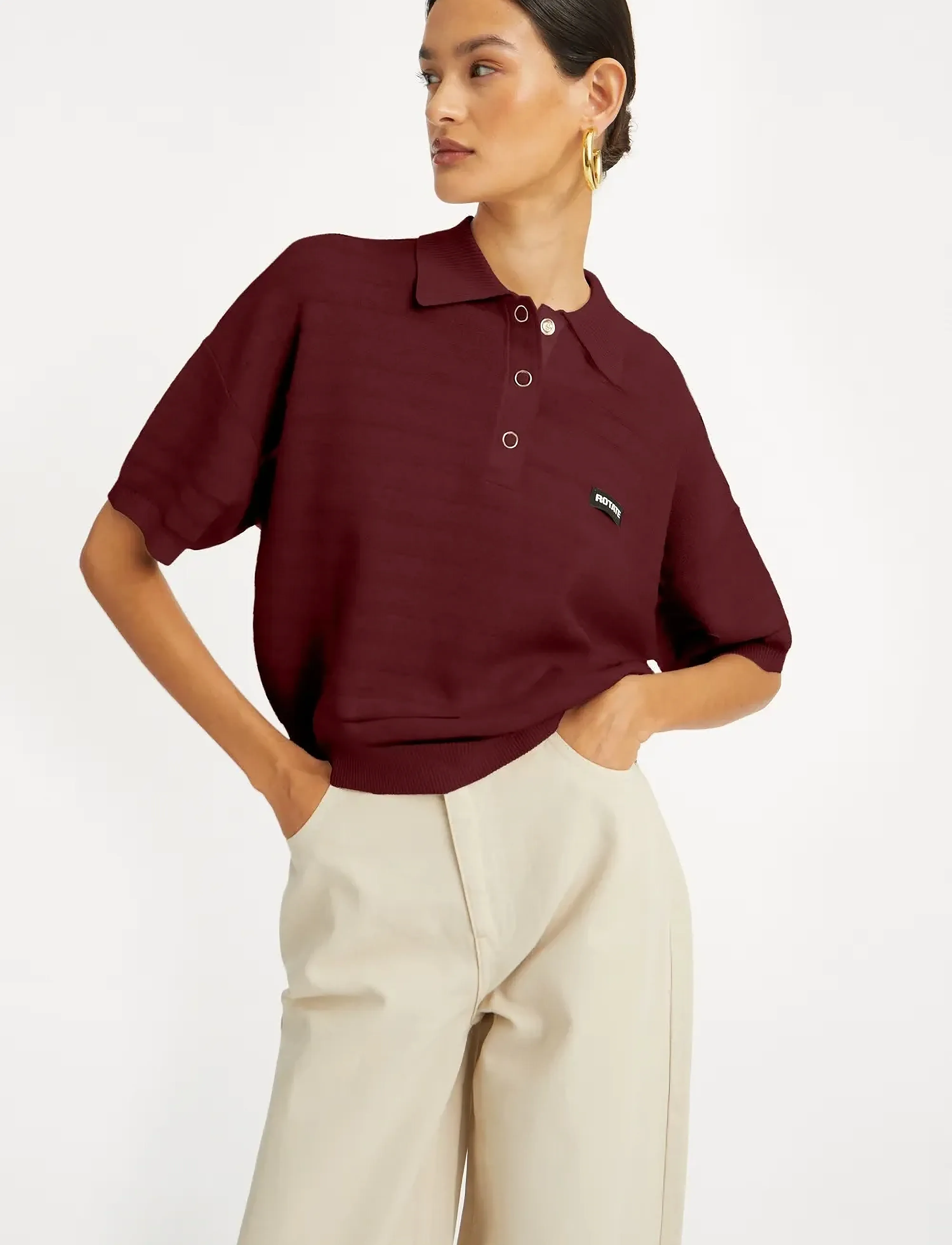 ROTATE Slinky Knit Polo, XL, T-shirts & Oberteile, Burgunderrot - Polos, Frauen