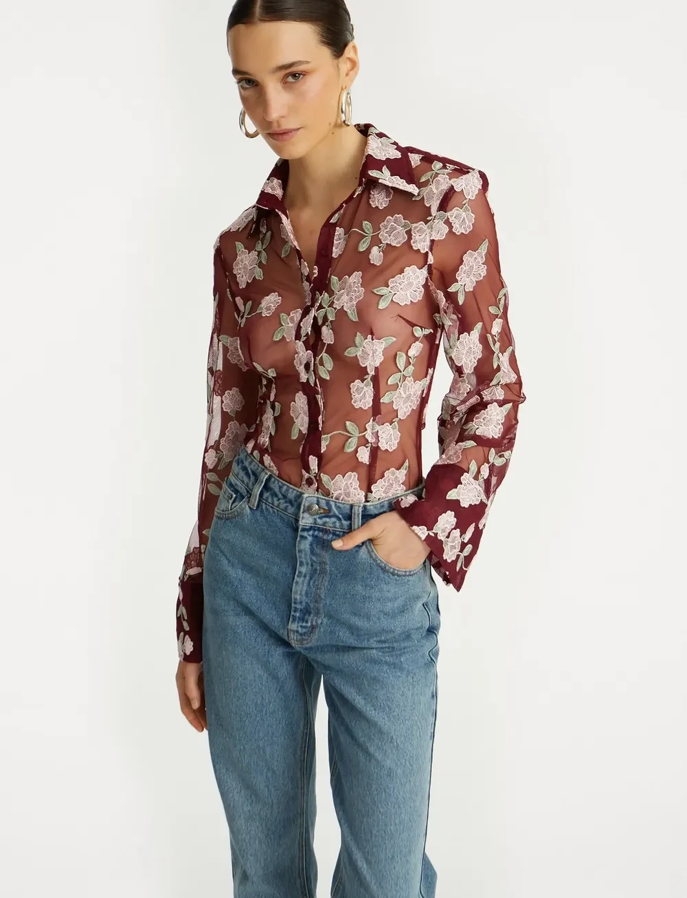 ROTATE Birger Christensen - MESH FITTED SHIRT - jeanshemden - zinfandel comb. - 4