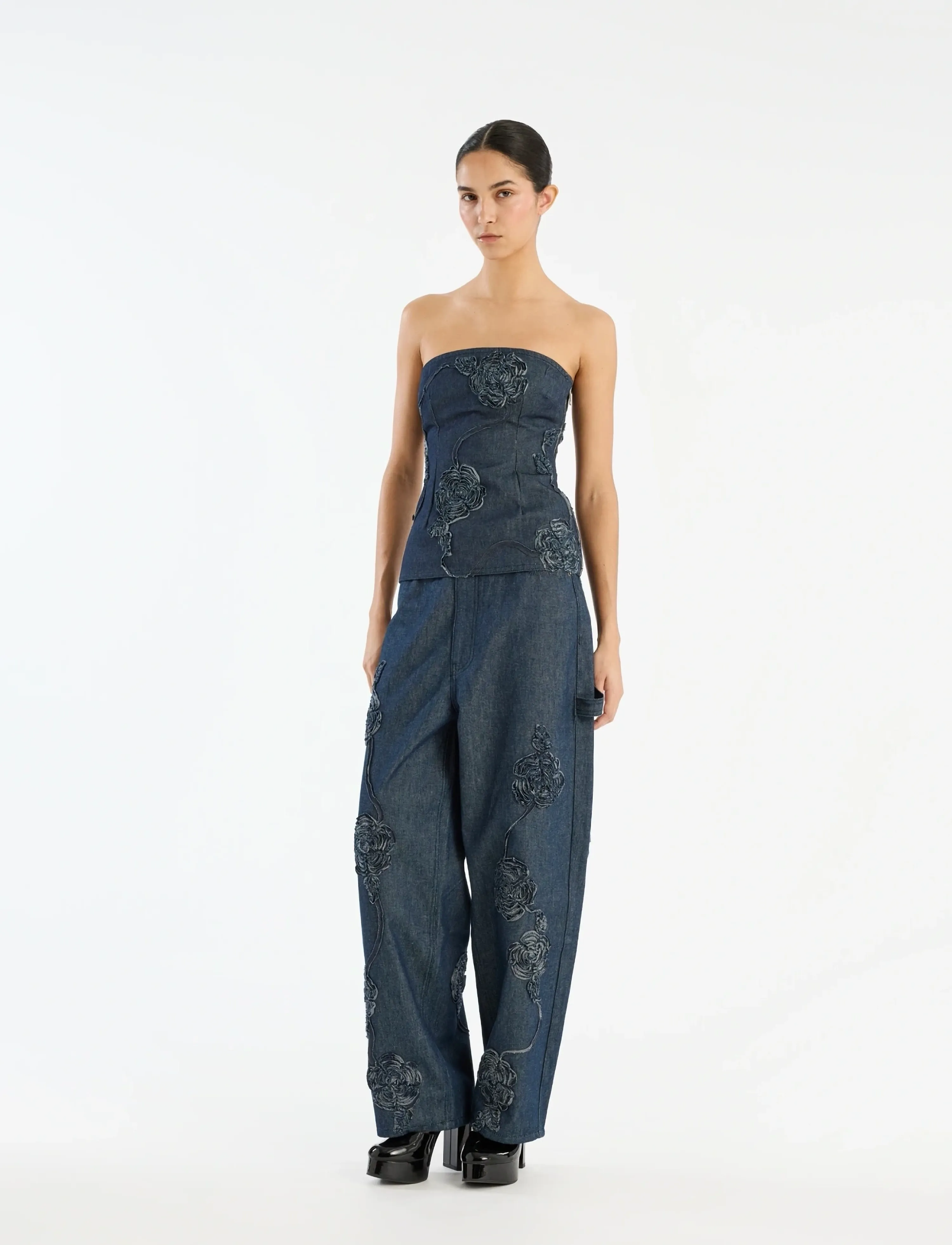 ROTATE Denim Sleeveless Top, Kvinder, Broderet Stropløs Top, Navy, Str: 38