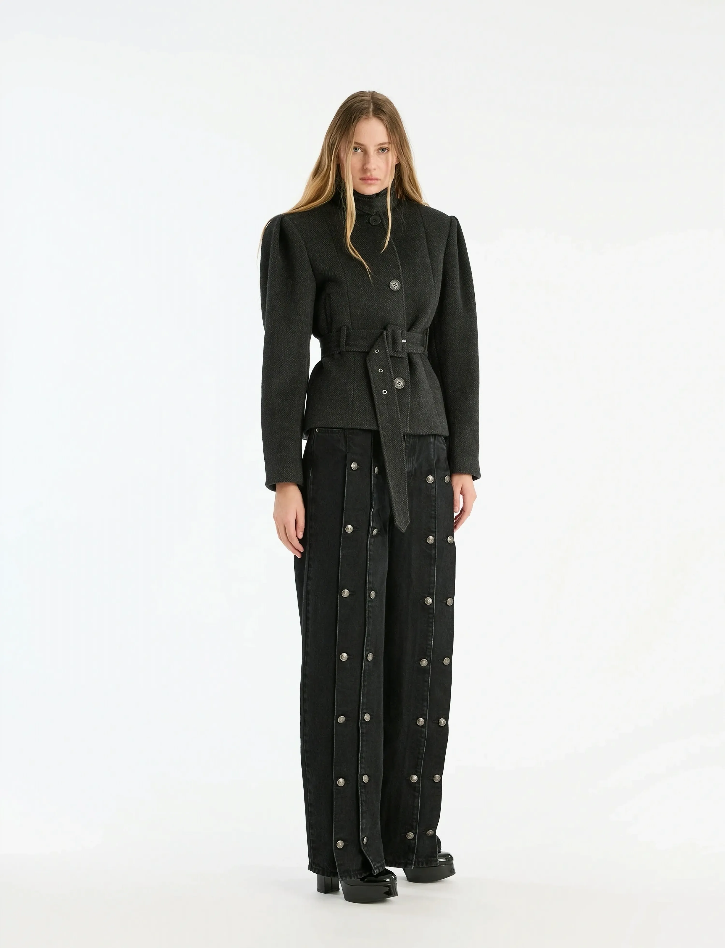 ROTATE - BUTTON DETAIL WIDE JEANS - wide leg jeans - black denim - 0