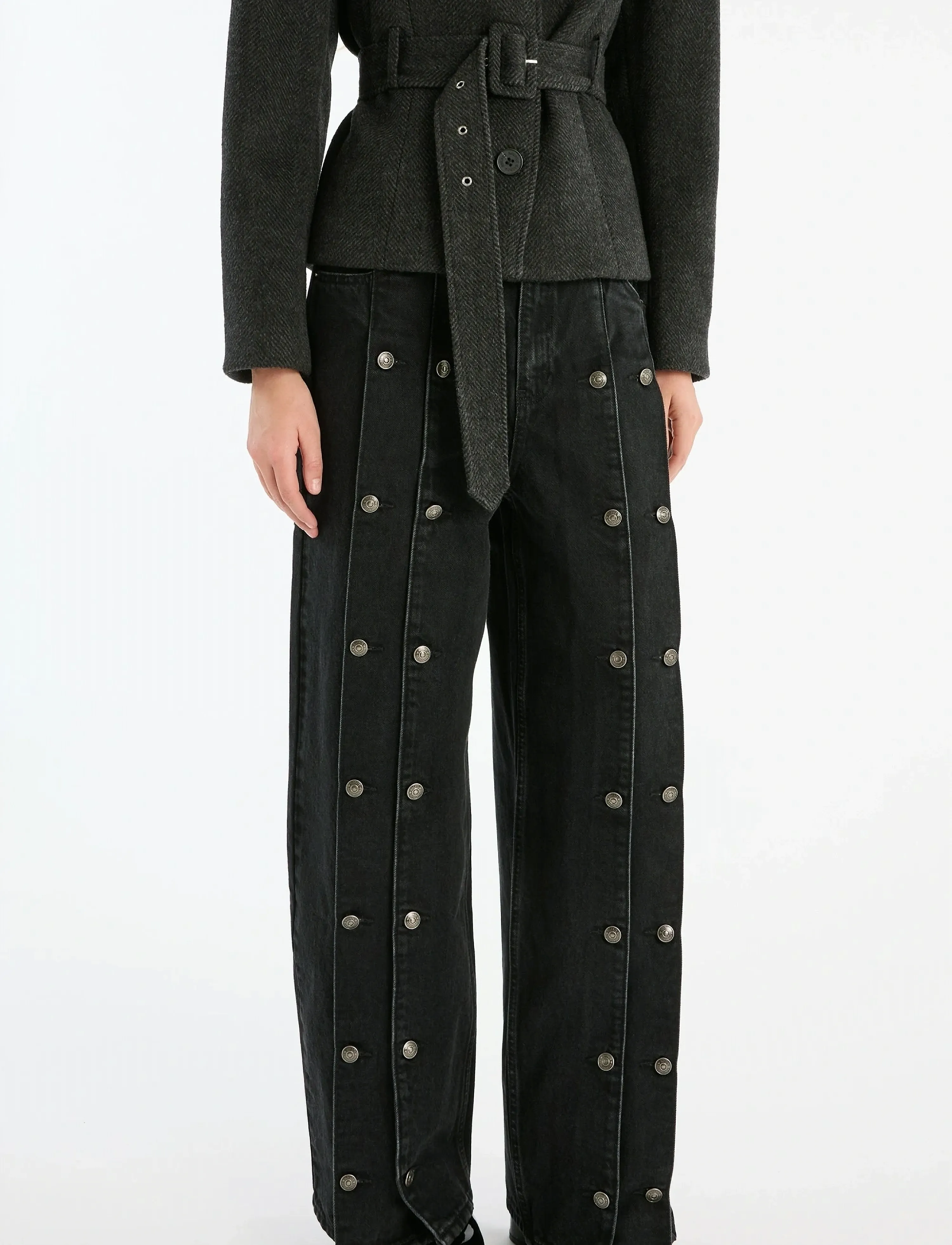 ROTATE - BUTTON DETAIL WIDE JEANS - wide leg jeans - black denim - 4