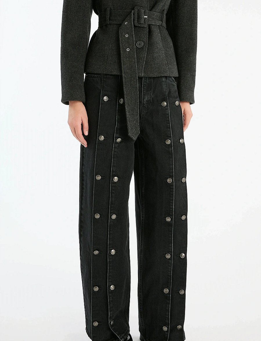 ROTATE - BUTTON DETAIL WIDE JEANS - wide leg jeans - black denim - 4