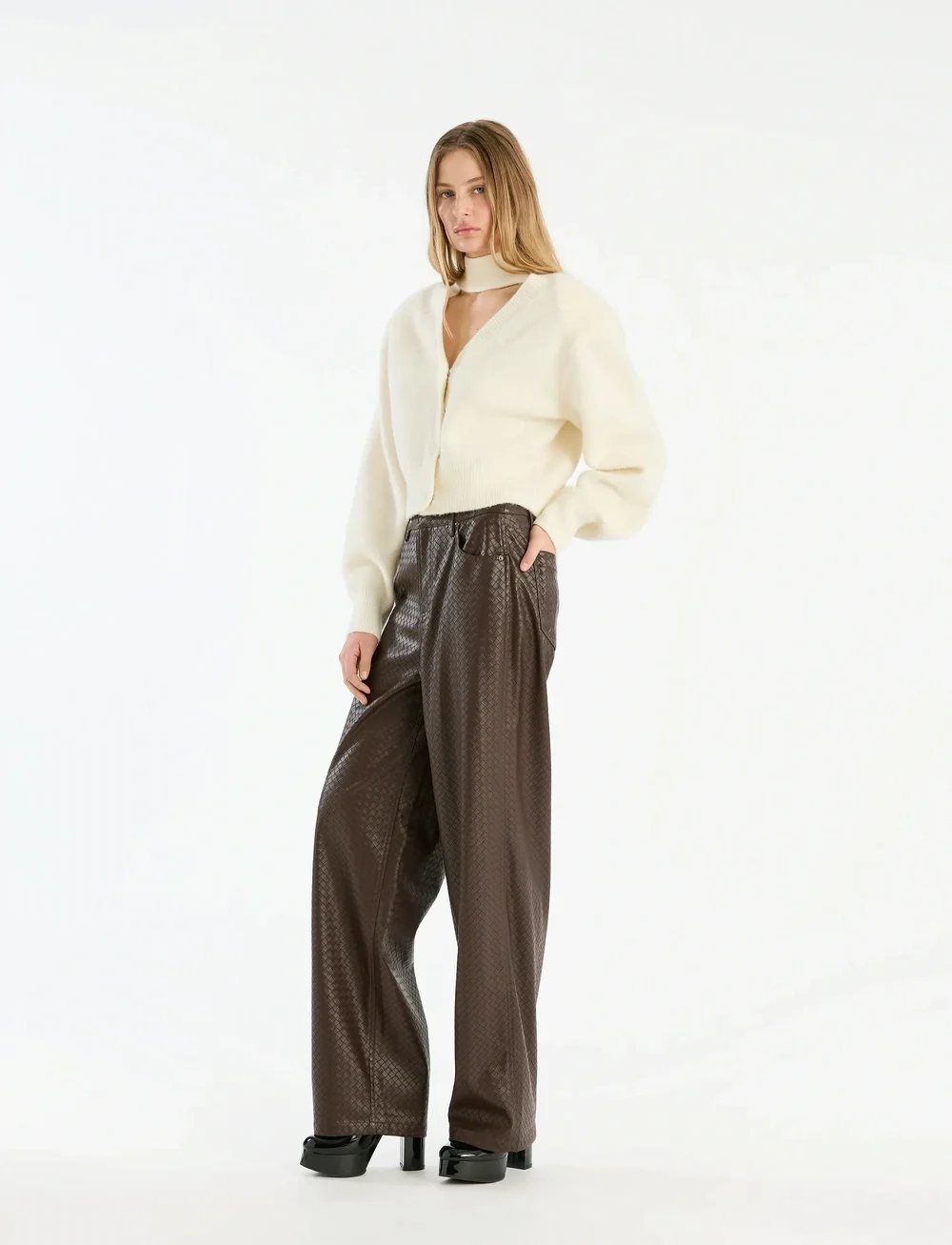 ROTATE Birger Christensen - WIDE LEG 5 POCKET PANTS - lederhosen - chicory coffee - 0