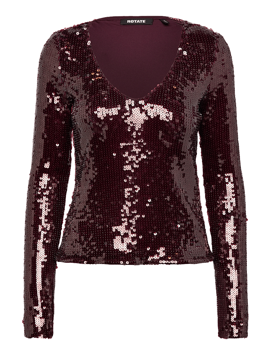 ROTATE - SEQUINS V-NECK TOP - long-sleeved tops - zinfandel - 1