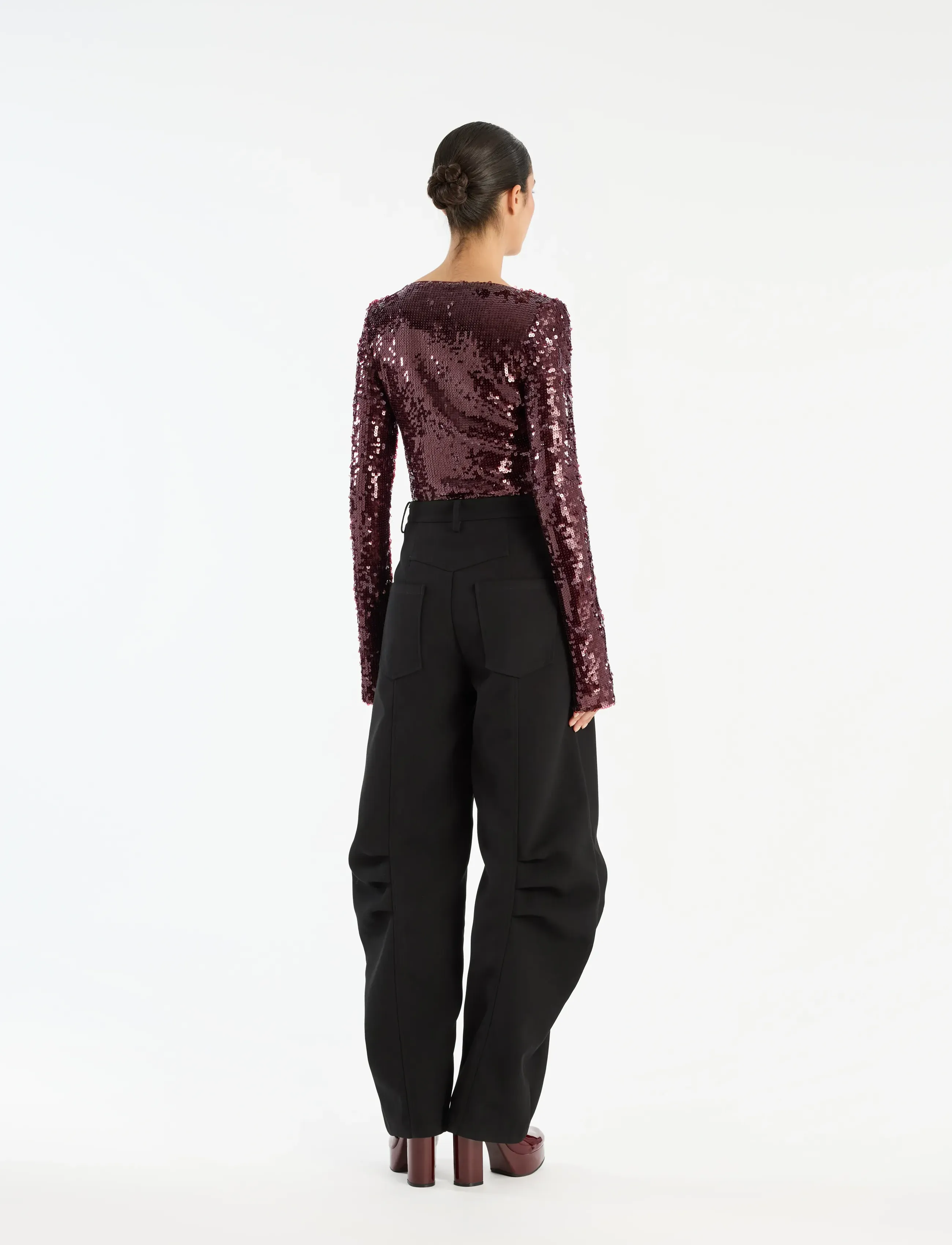ROTATE - SEQUINS V-NECK TOP - long-sleeved tops - zinfandel - 4