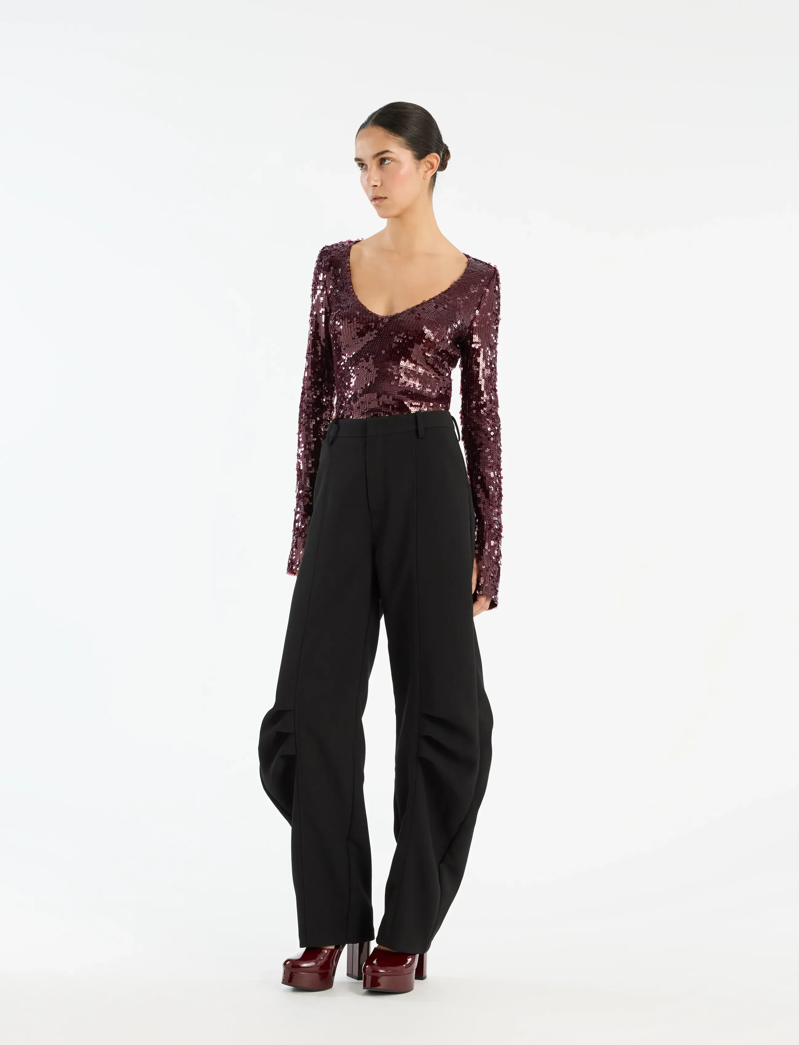 ROTATE - SEQUINS V-NECK TOP - long-sleeved tops - zinfandel - 5
