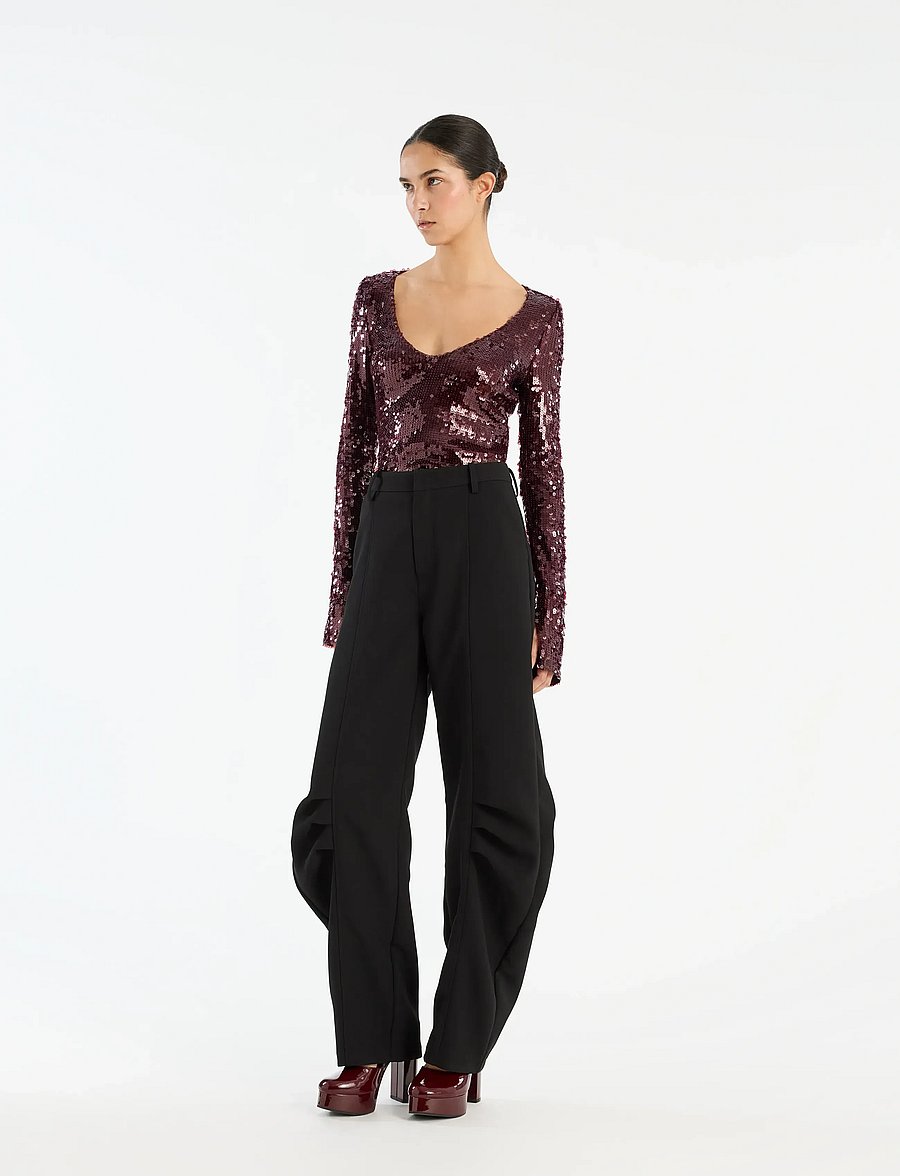 ROTATE - SEQUINS V-NECK TOP - long-sleeved tops - zinfandel - 5