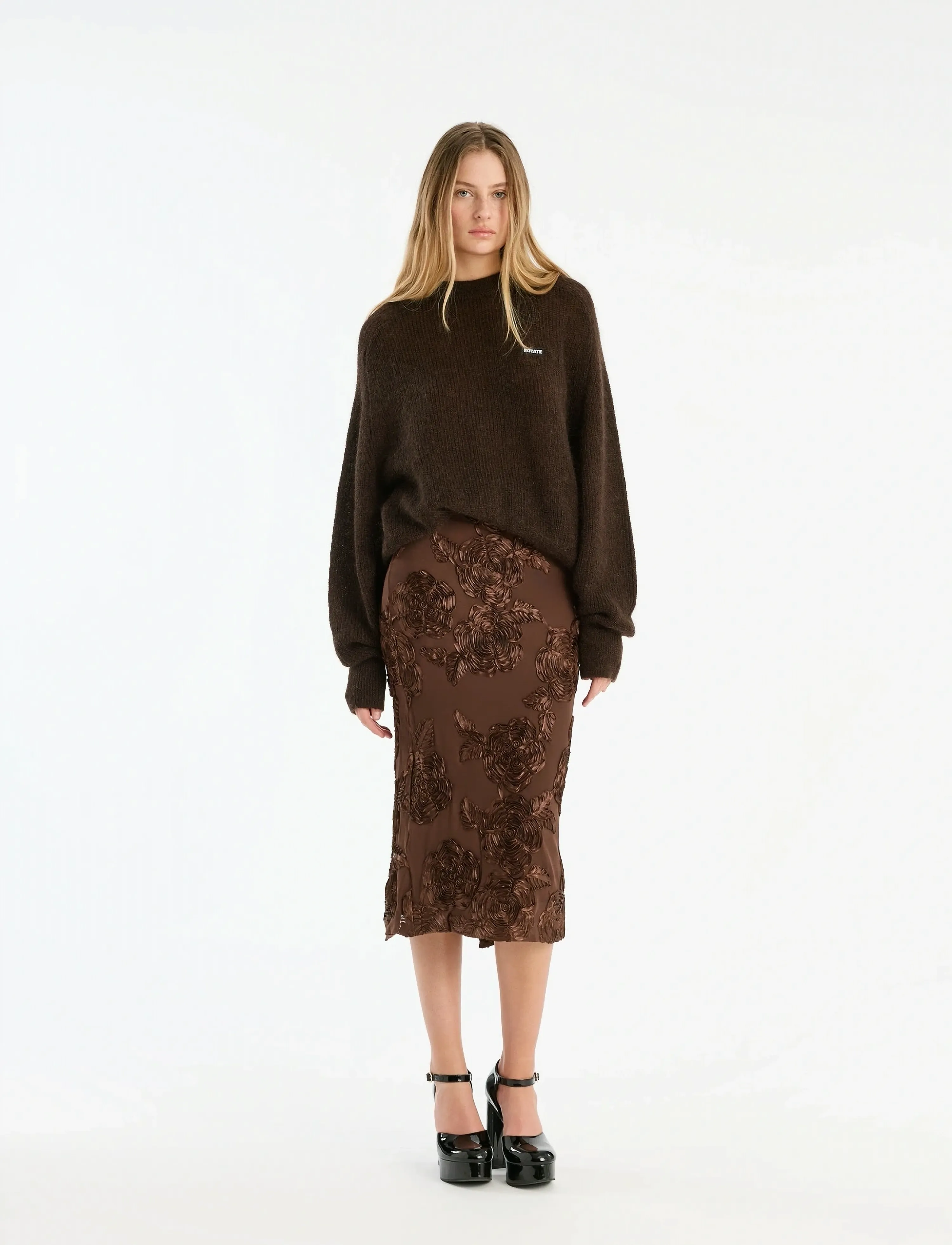 ROTATE Flower Mesh Pencil Skirt, 34, Brown, Designere > Knælange Og Midi Nederdele, Dame