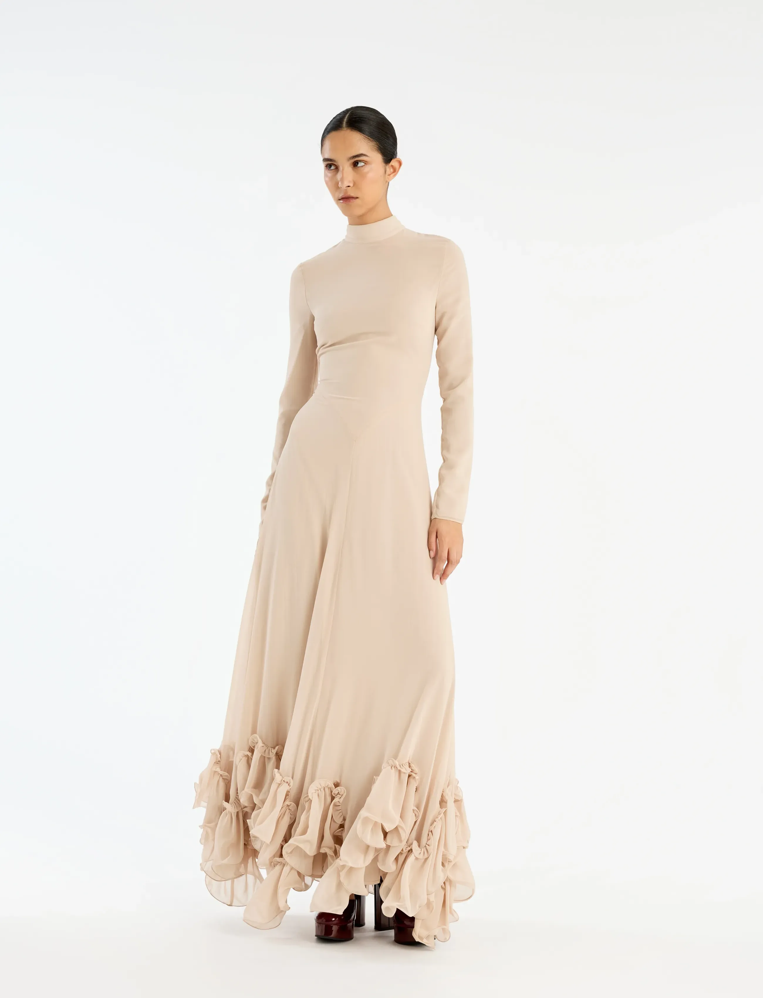 ROTATE Chiffon Maxi Ruffle Dress, 34, Dresses, Beige - Frauen