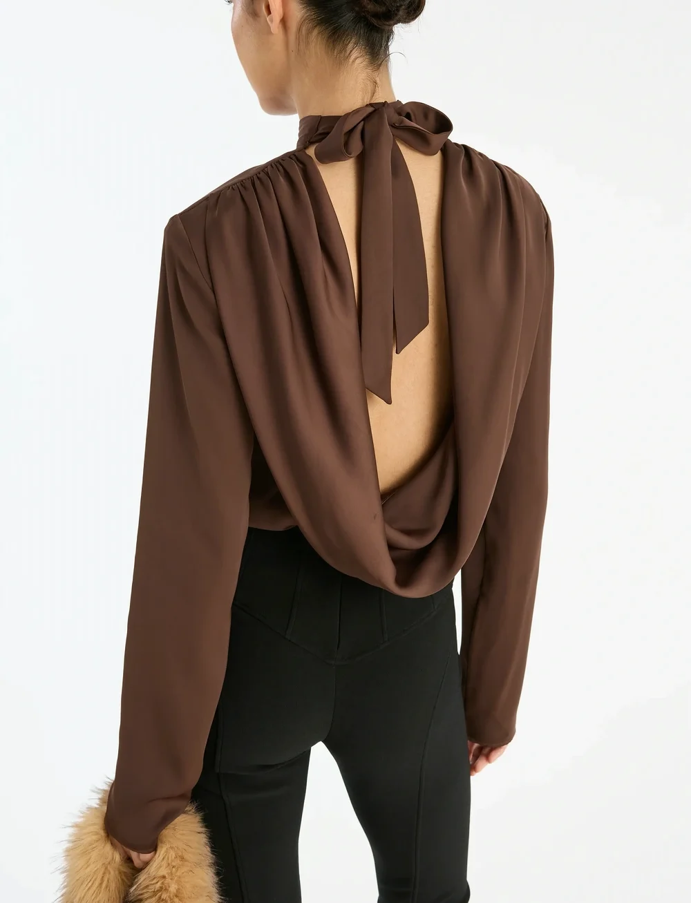 ROTATE Birger Christensen - SATIN DRAPY BACK TOP - langärmlige blusen - chicory coffee - 4