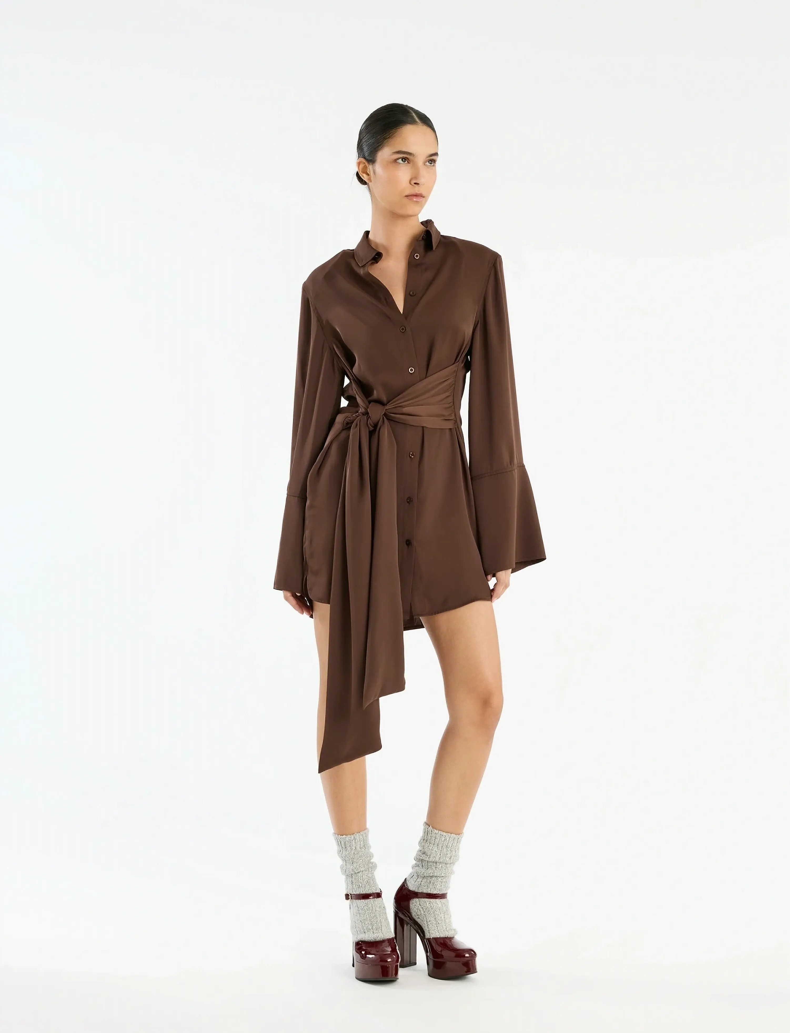 ROTATE Satin Tie Shirt Dress, Kvinder, Satin Bindebånds Skjortekjole, Brun, Str: 42