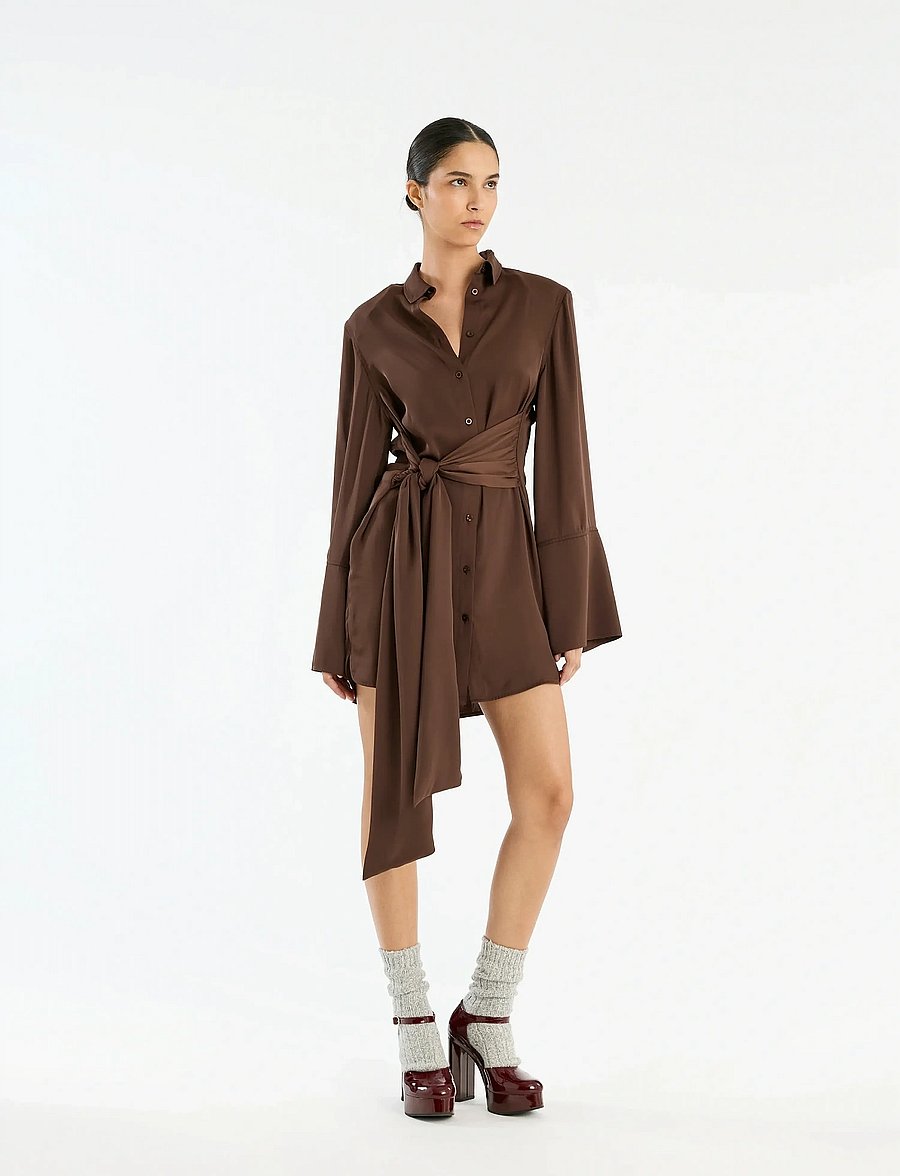 ROTATE - SATIN TIE SHIRT DRESS - jeanshemden - chicory coffee - 0