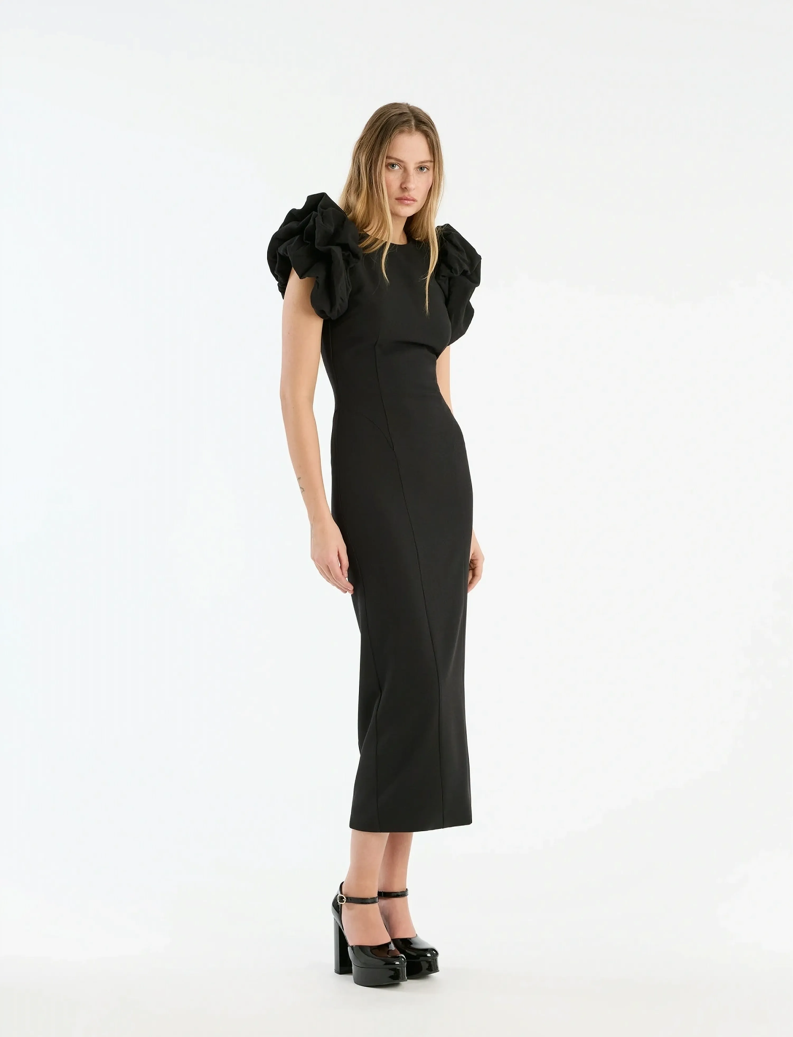 ROTATE Crepe Puffy Midi Dress, 34, Black, Designere > Knælange Og Midi, Dame