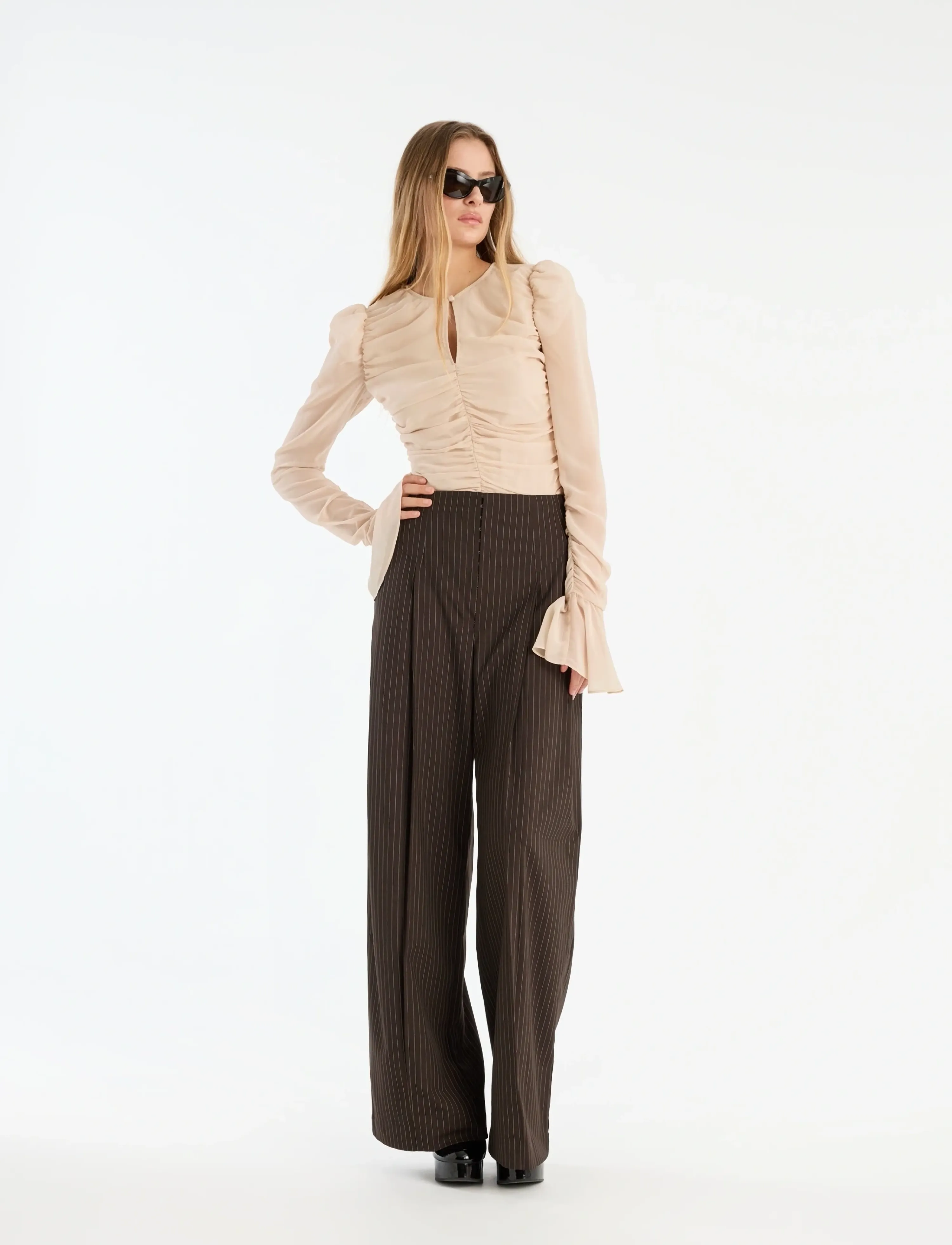 ROTATE PINSTRIPE WIDE LEG PANTS - Transitional Layering - CHICORY COFFEE COMB. / brown