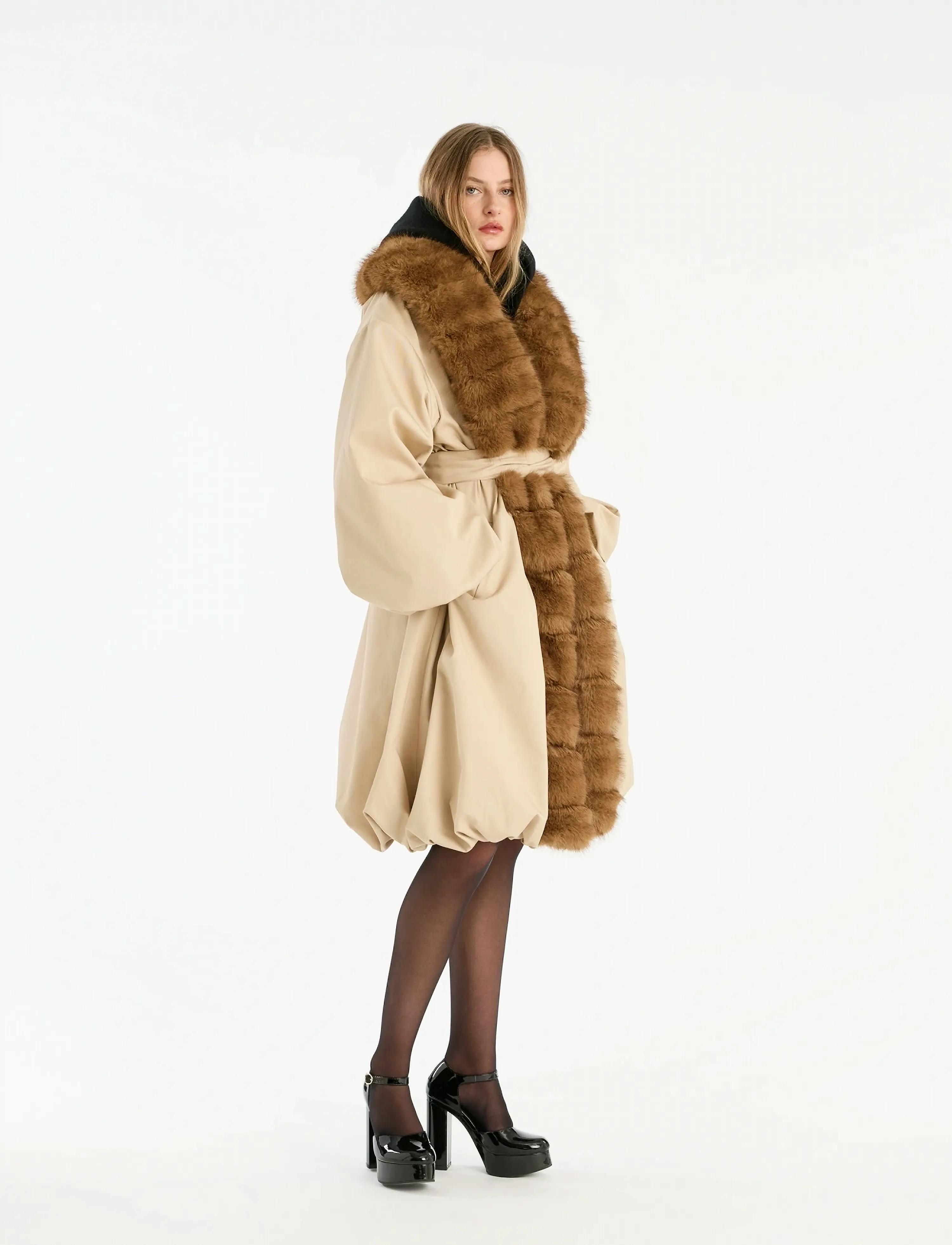 ROTATE - FAUX FUR COLLAR COAT - cement - 4