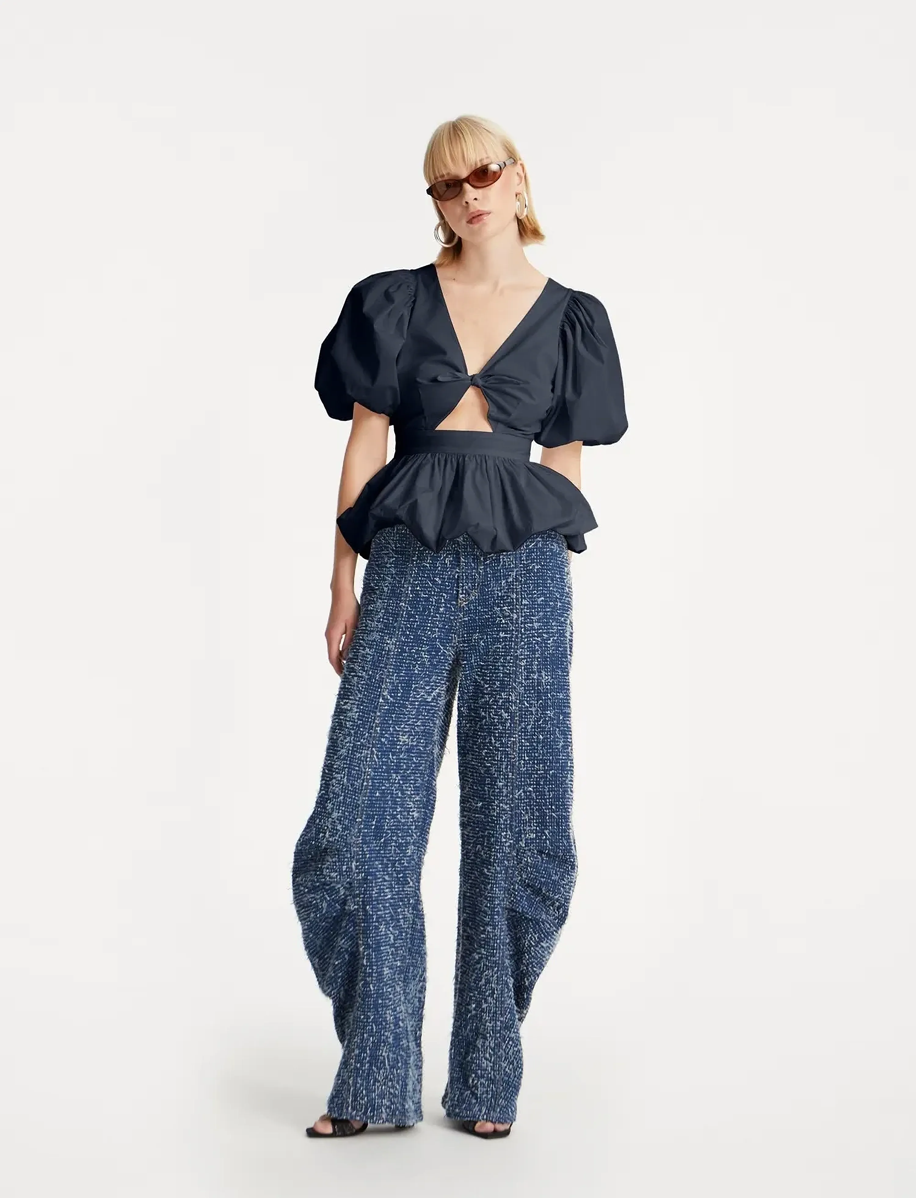 ROTATE Puff Sleeve Bubble Top, 34, Navy, Bluser > Kortærmede, Dame