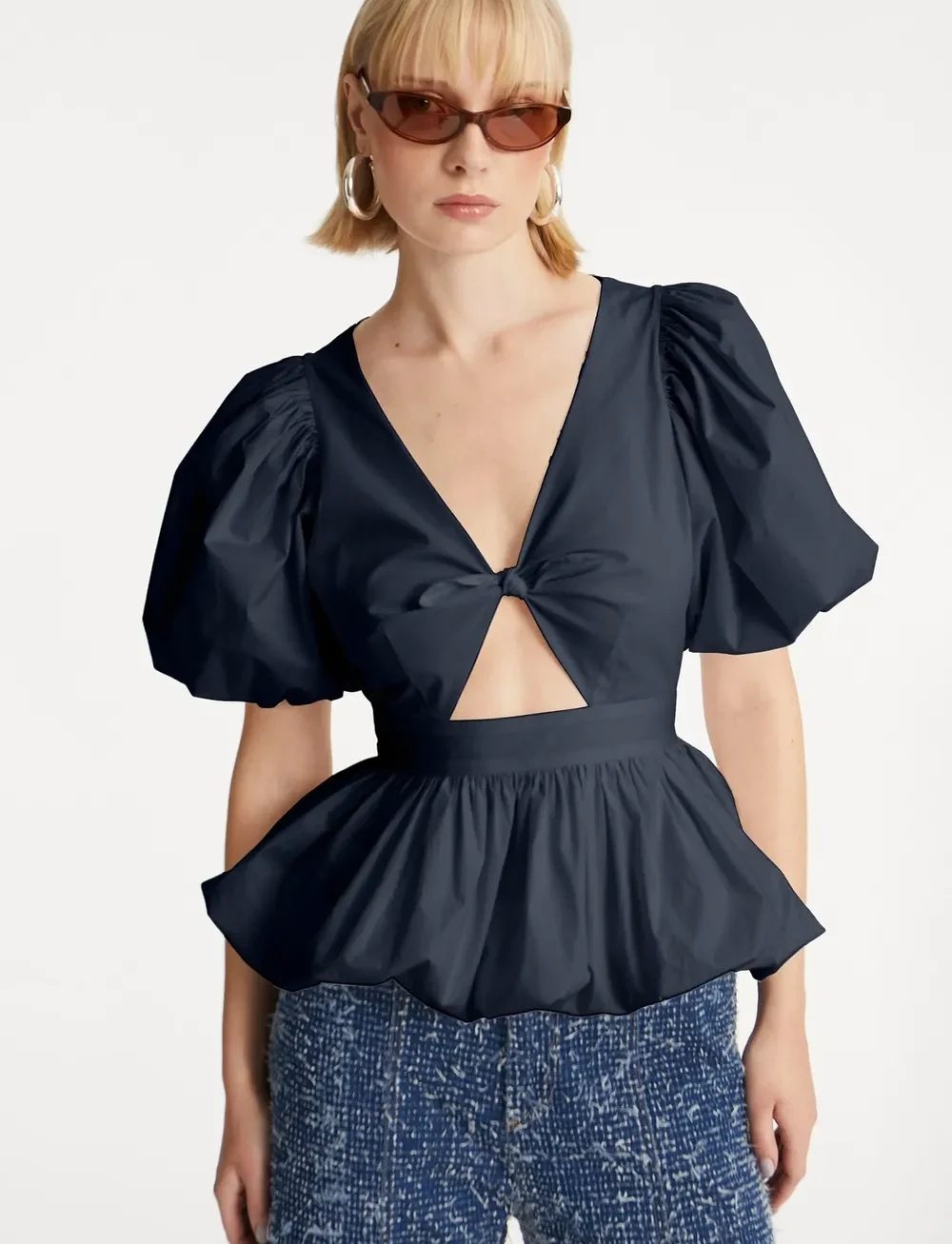 ROTATE Birger Christensen - PUFF SLEEVE BUBBLE TOP - kortærmede bluser - navy blazer - 4