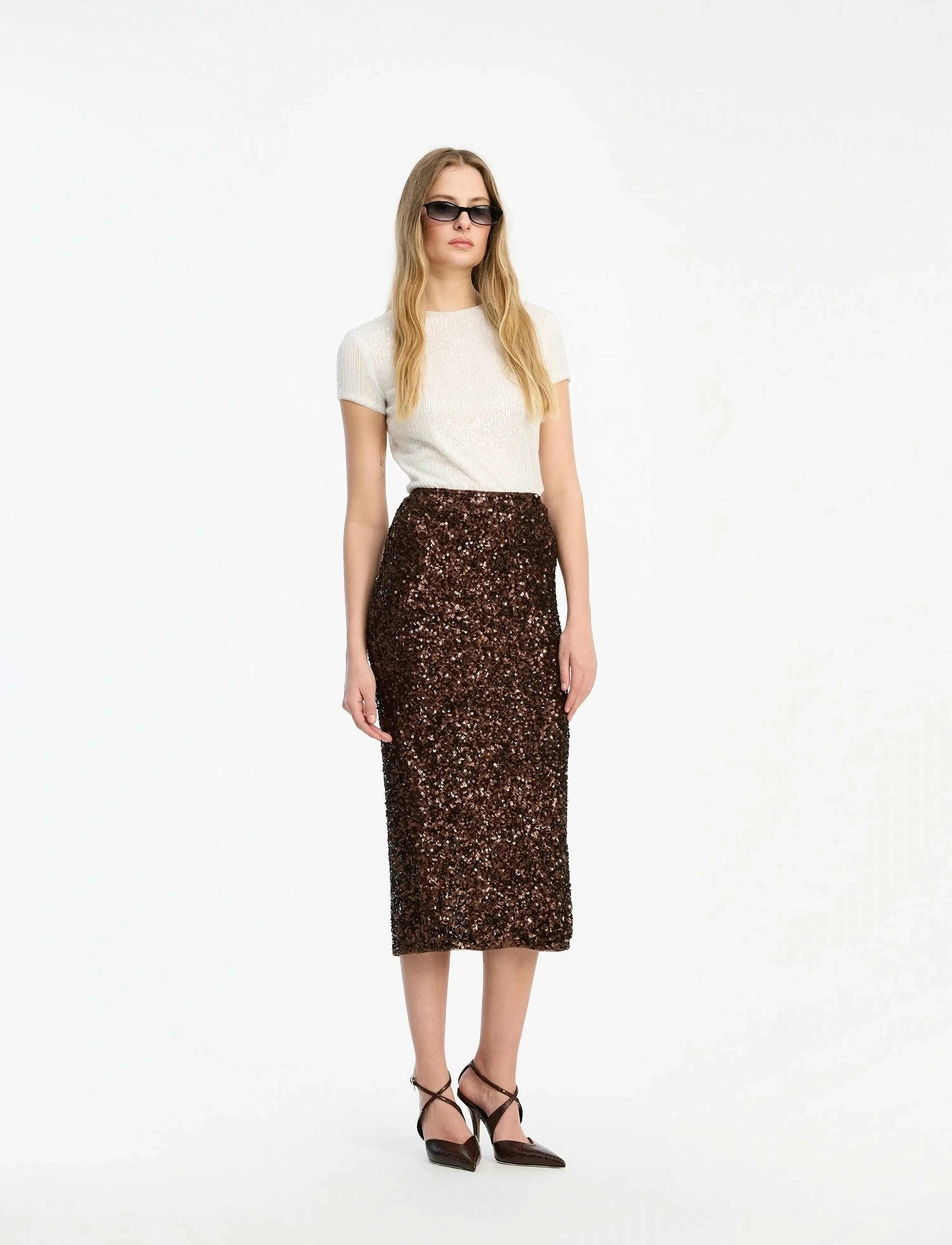 ROTATE SEQUIN PENCIL SKIRT - Seelikud - CHICORY COFFEE / brown