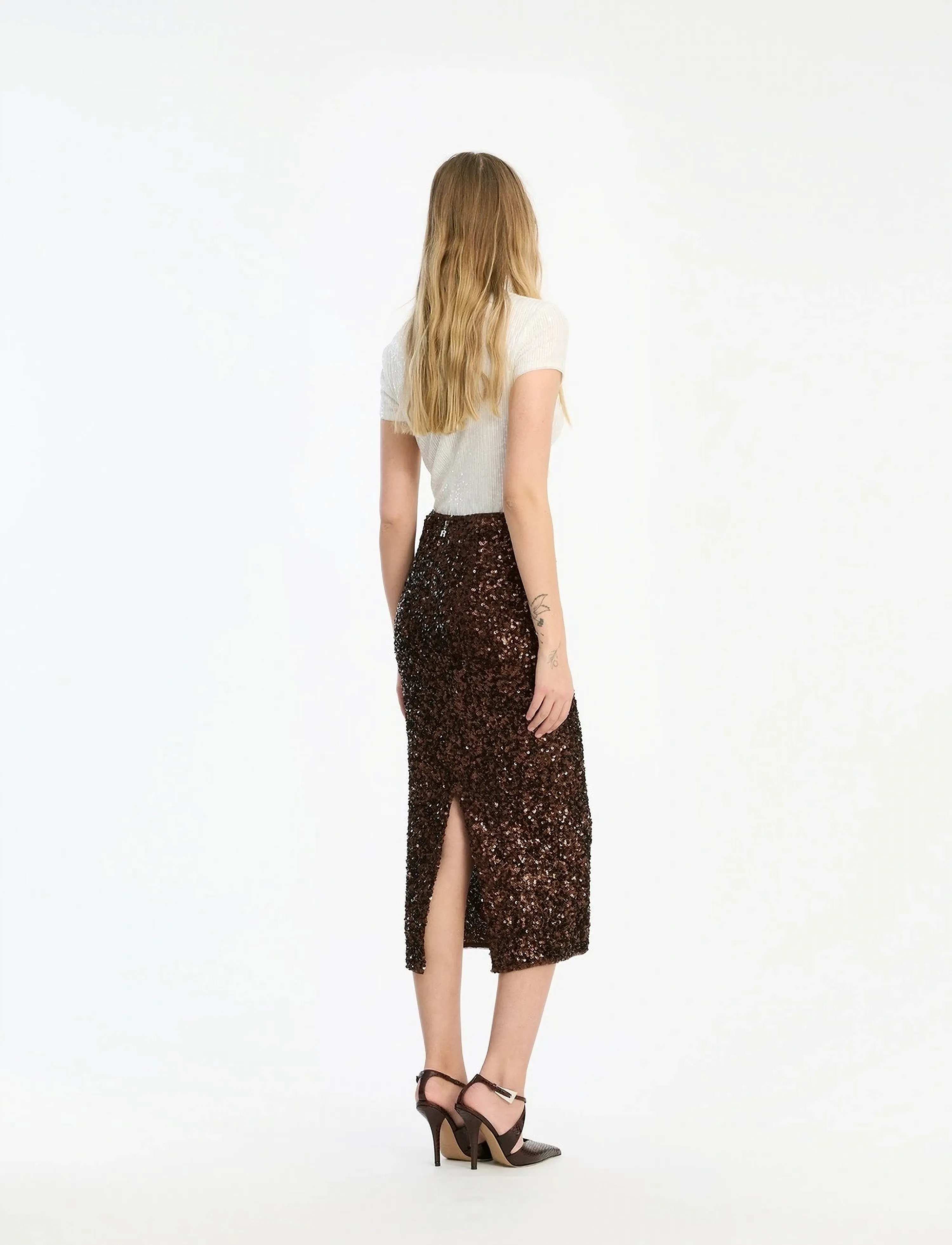 ROTATE - SEQUIN PENCIL SKIRT - sequin skirts - chicory coffee - 3