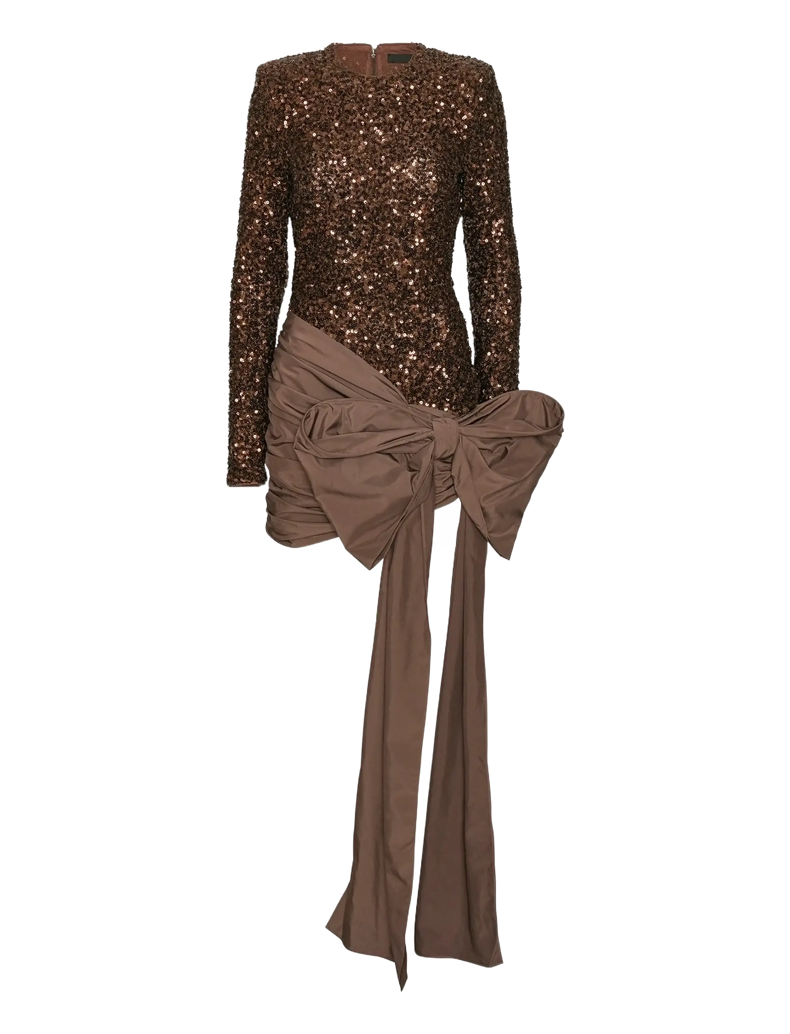 SEQUINS BOW MINI DRESS - CHICORY COFFEE