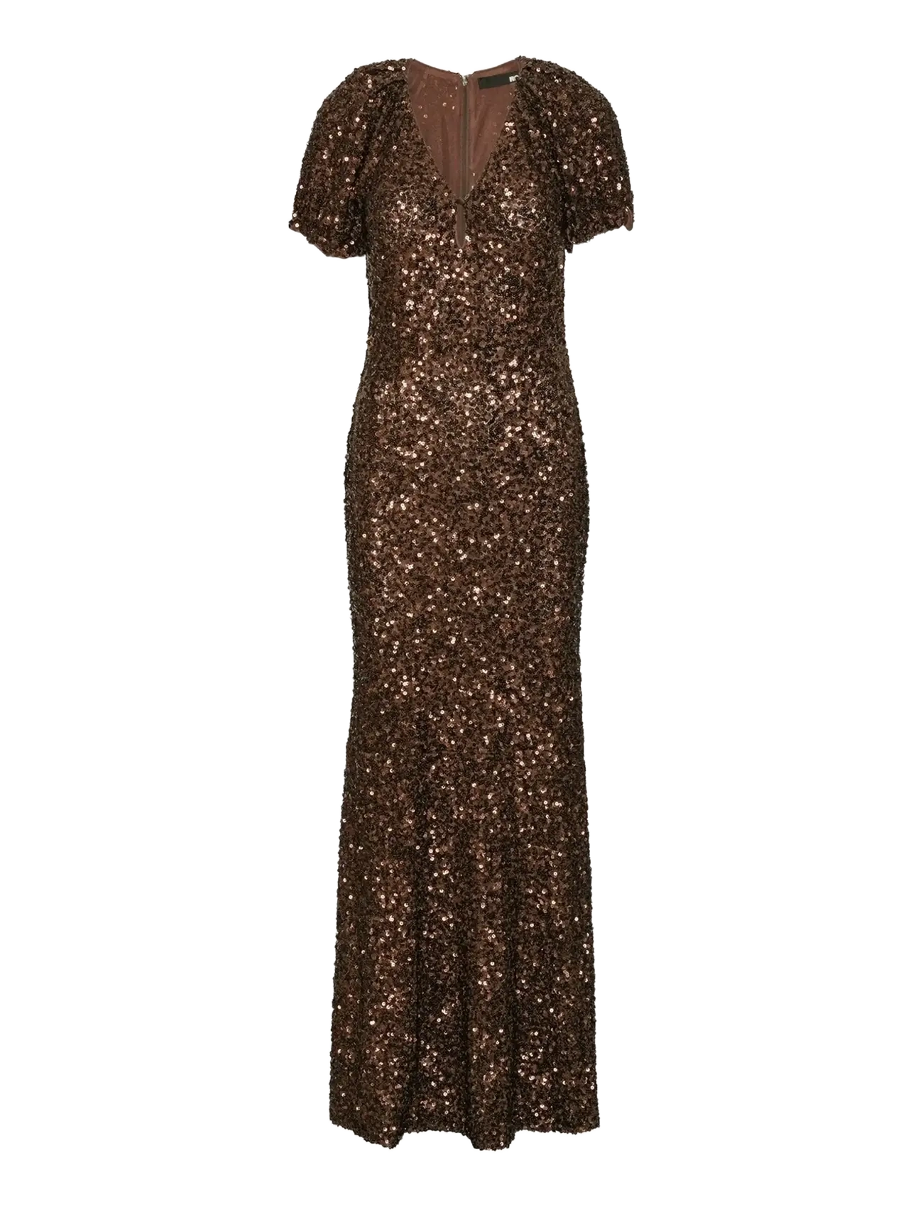 SEQUINS MIDI V-NECK DRESS - CHICORY COFFEE