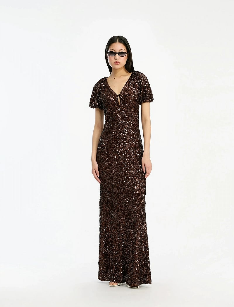 ROTATE Birger Christensen - SEQUINS MIDI V-NECK DRESS - pailletkjoler - chicory coffee - 0