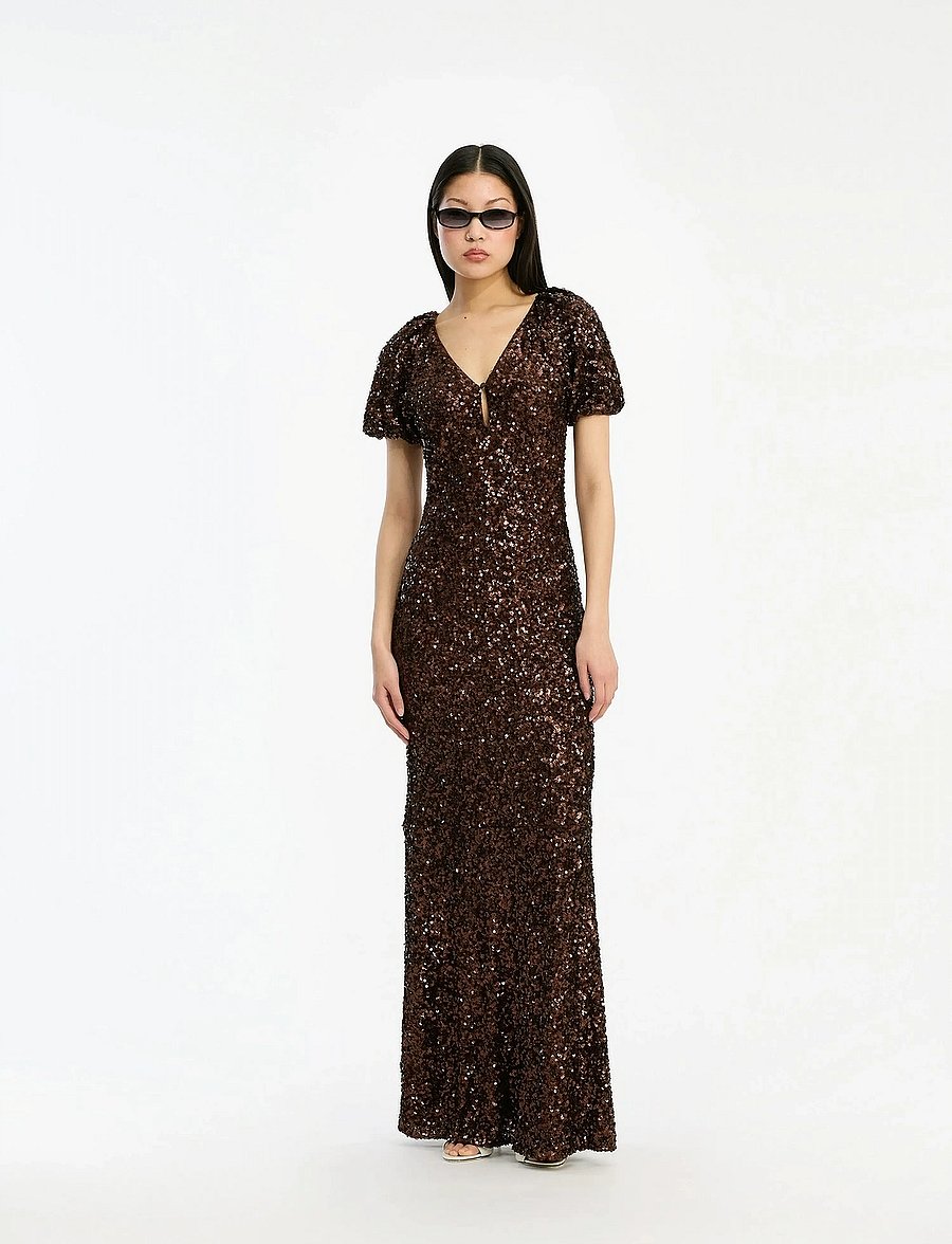 ROTATE - SEQUINS MIDI V-NECK DRESS - síðir kjólar - chicory coffee - 0